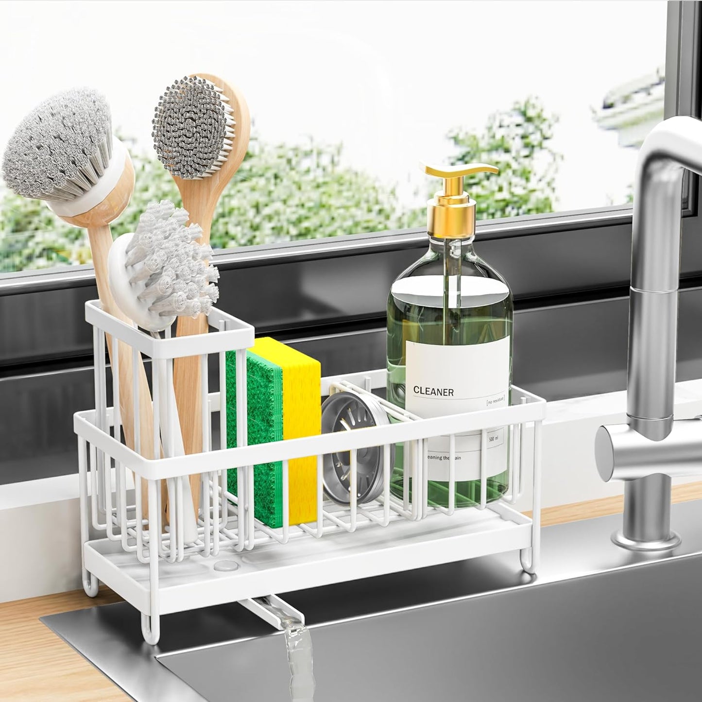 Cisily Sponge Holder for Kitchen Sink, Sink Caddy Organizer with High Brush Holder, Kitchen Countertop Organizers and Storage Essentials, Rustproof 304 Stainless Steel (Silver, 9.25″)