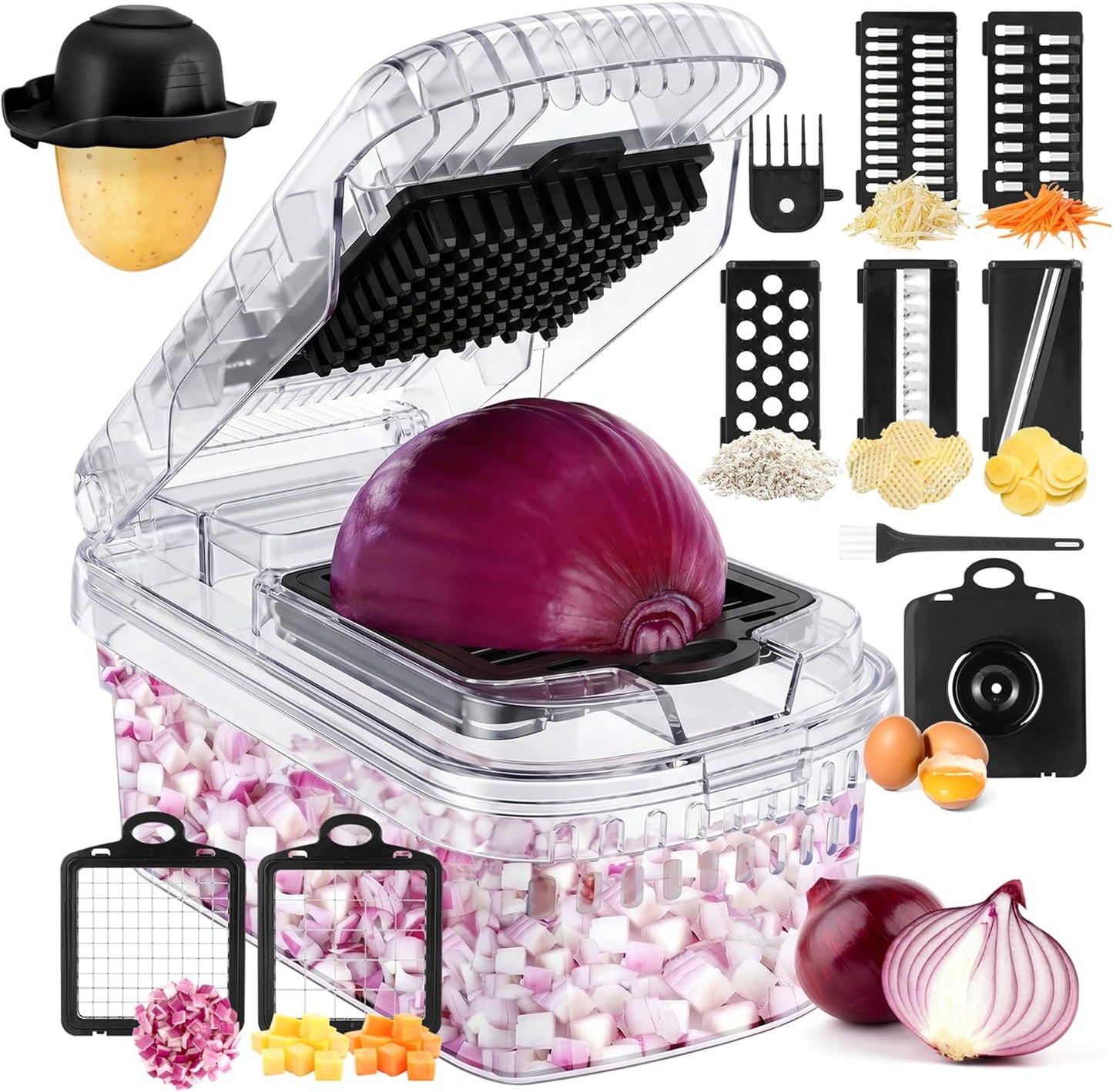 Yusshn Vegetable Chopper, 12-in-1 Food Veggie Chopper Cutter with Container | 7 Sharp Blades Dice, Slice, Shred and Grate for Salads, Onions and Meal Prep, with a Non-Slip Base and Drain Basket