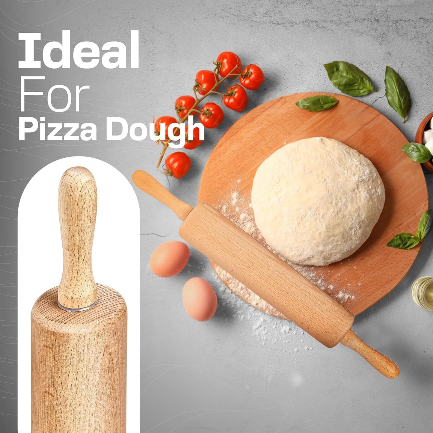 Wooden Rolling Pin, Beech Wood, 17.6" Dough Roller for Baking | Ergonomic Handles, Nylon Bearings, Baking Pizza, Bread & Cookies, Pasta, Dough Roller