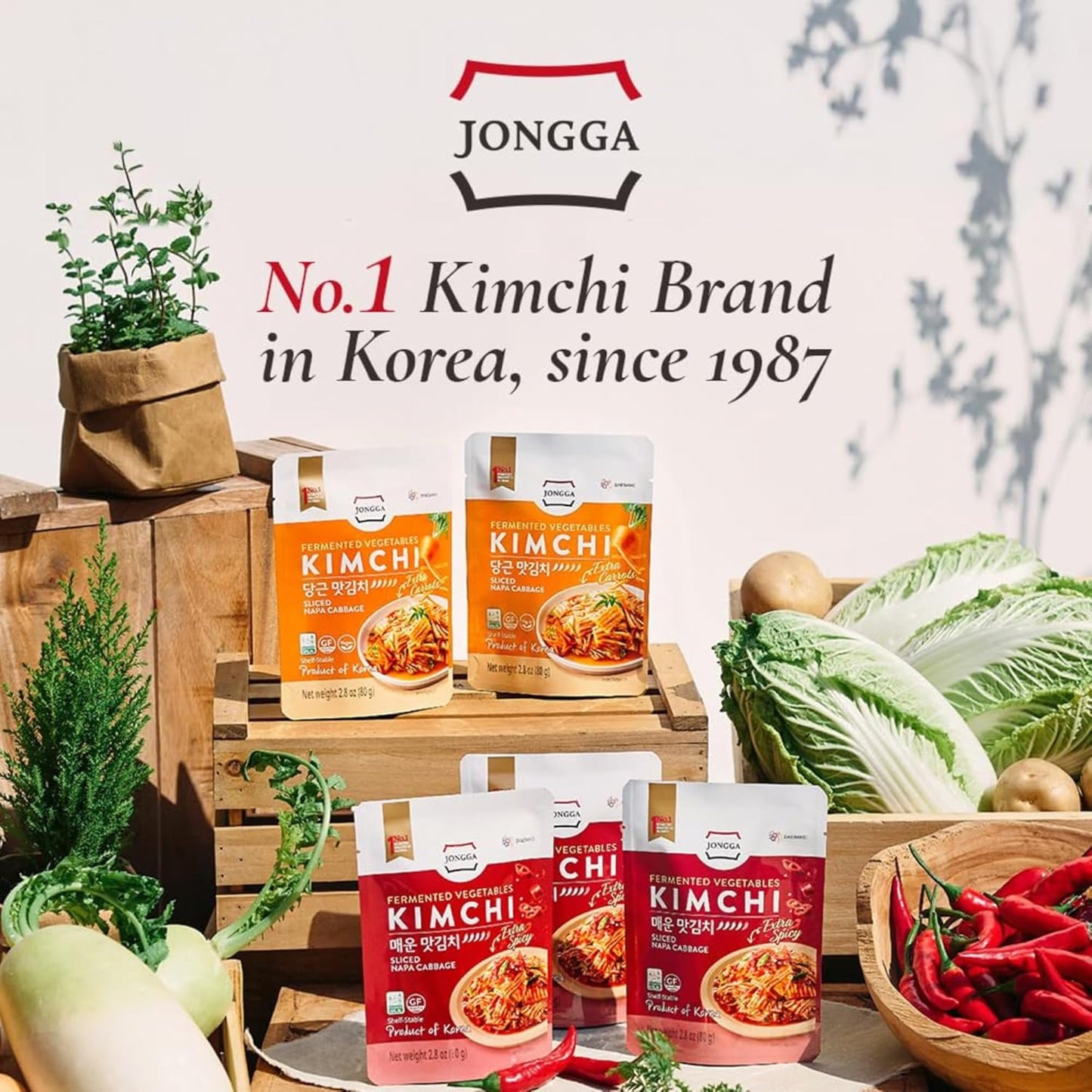 Spicy fermented kimchi napa cabbage in convenient pouches for ramen and stir-fries