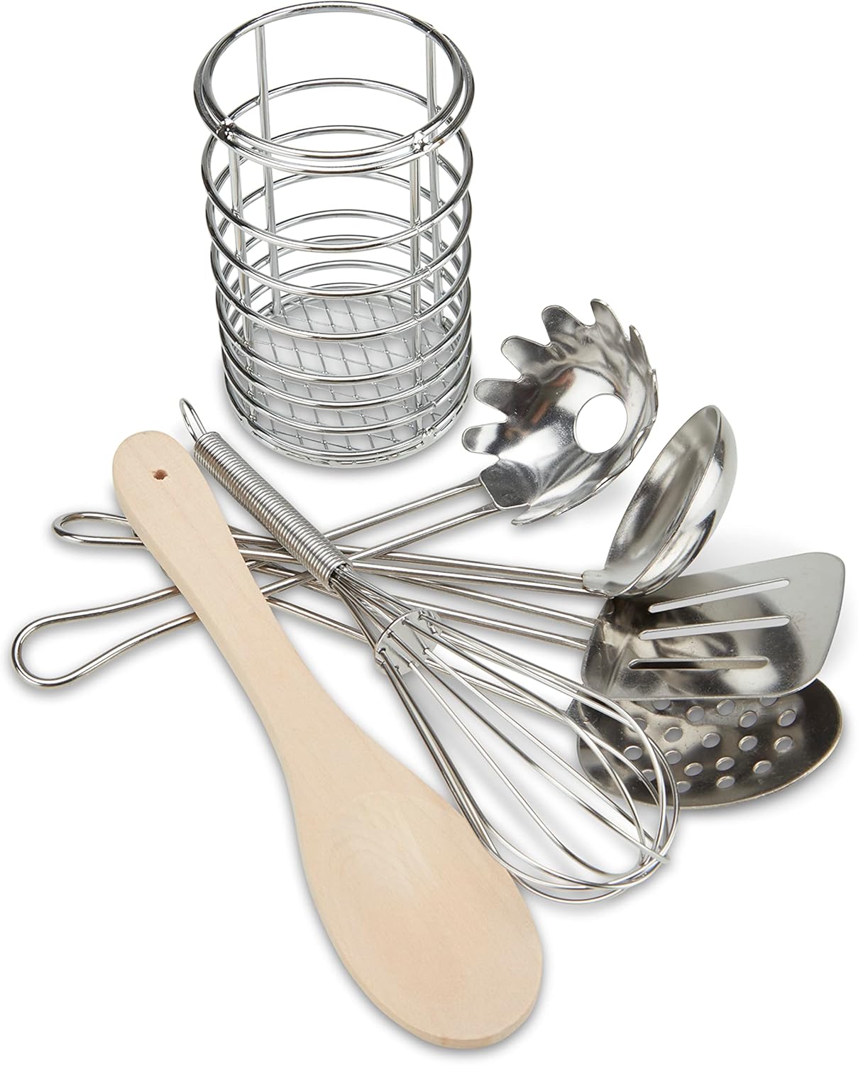 Melissa & Doug Stir & Serve Cooking Utensils (7 pcs) - Stainless Steel & Wooden Play Kitchen Accessories, Preschool Learning Toys for Girls & Boys 3+
