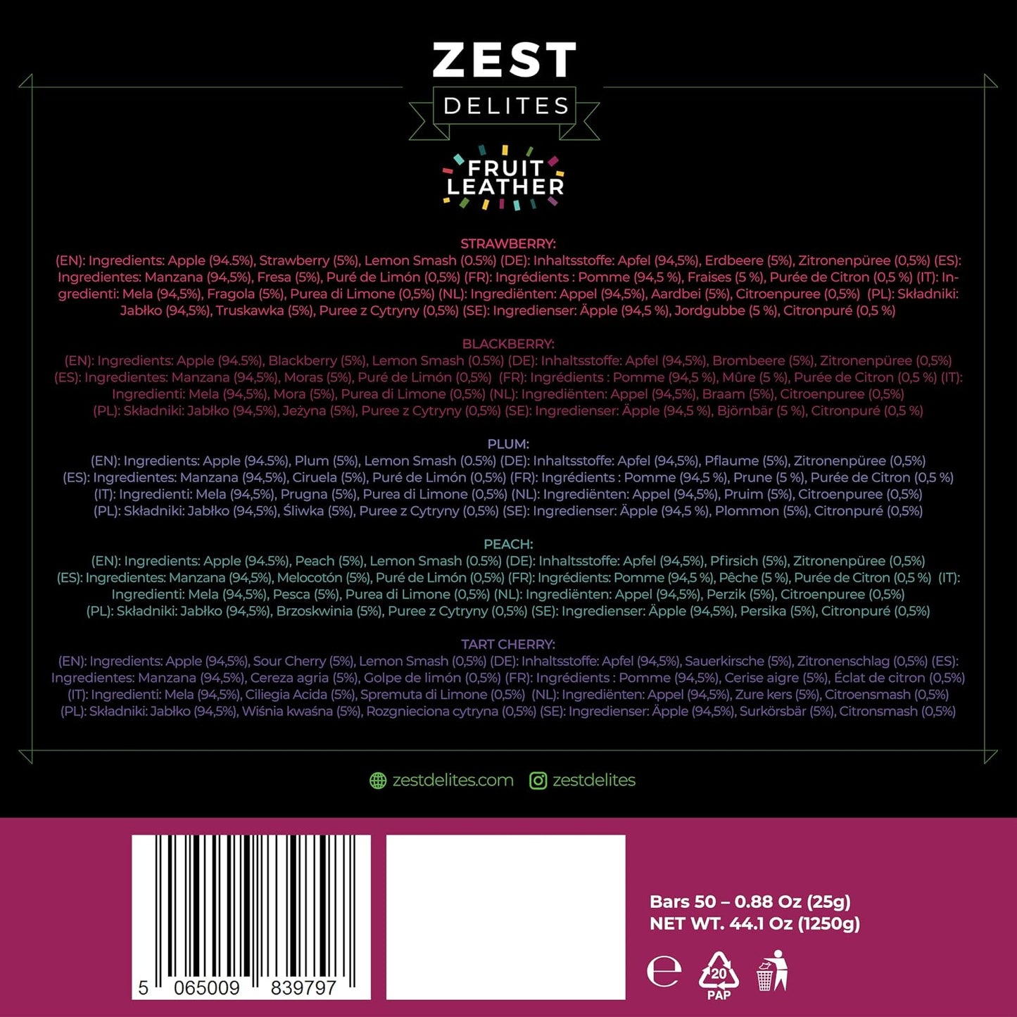 Fruit Snacks by Zest Delites, Vegan Apple-Based Strips, 50 Pieces, 0.88 oz Each