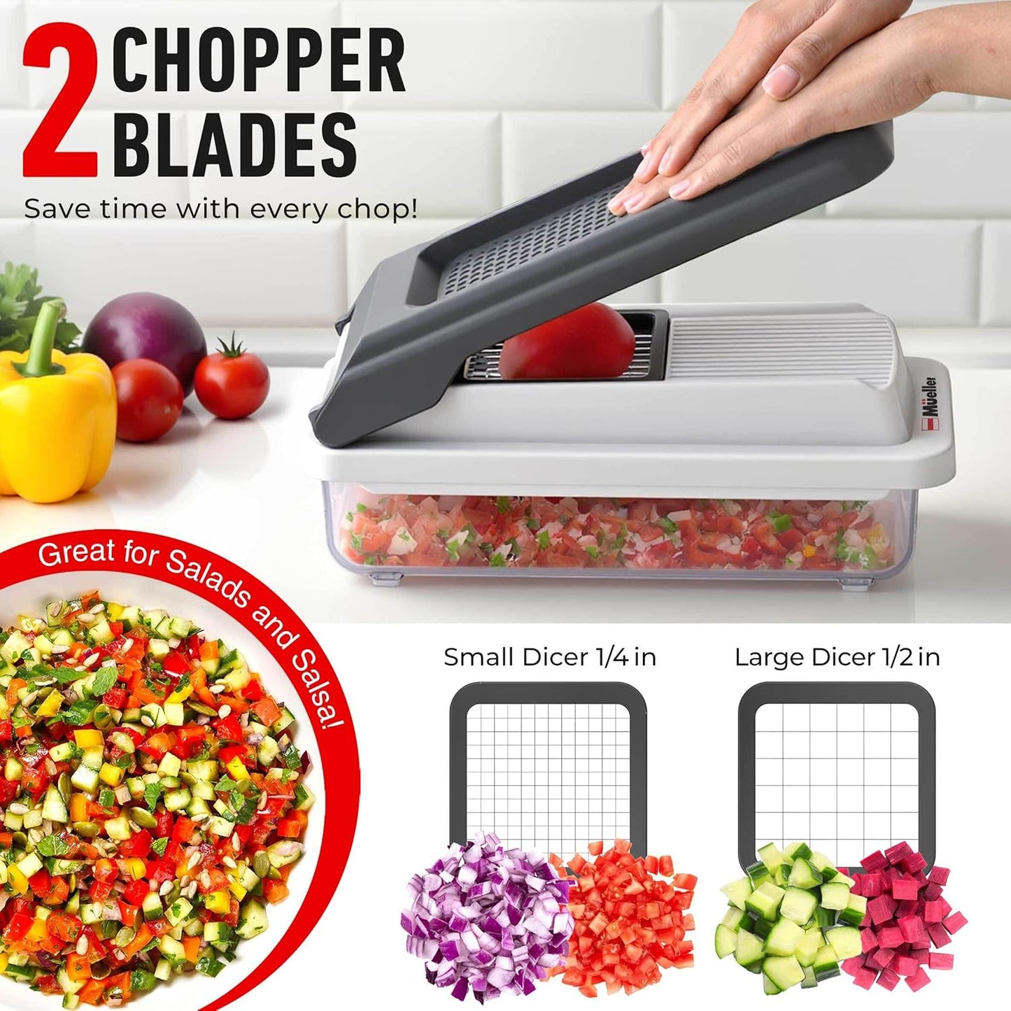 Mueller Vegetable Chopper Mandoline Slicer, Food Veggie Chopper | Cheese Grater, Onion Vegetable Cutter with Container, Dicer, Kitchen Gadgets & Essentials, White Sand/Grey