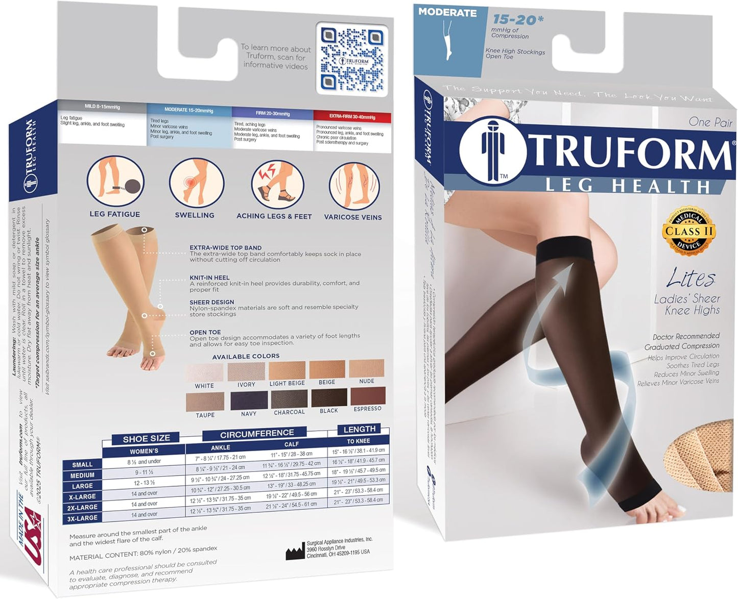 Truform 15-20 mmHg Women's Knee High Compression Stockings, Open Toe, Medium