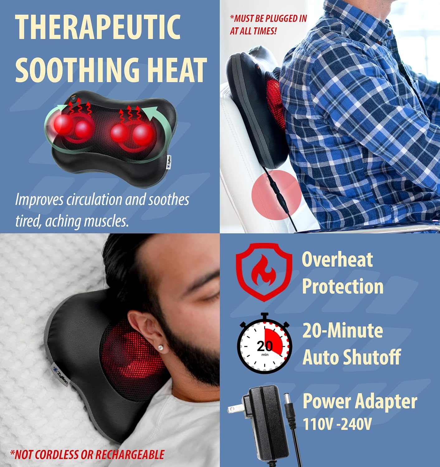 Zyllion Shiatsu Back and Neck Massager with Heat - 3D Electric Kneading Deep Tissue Massage Pillow