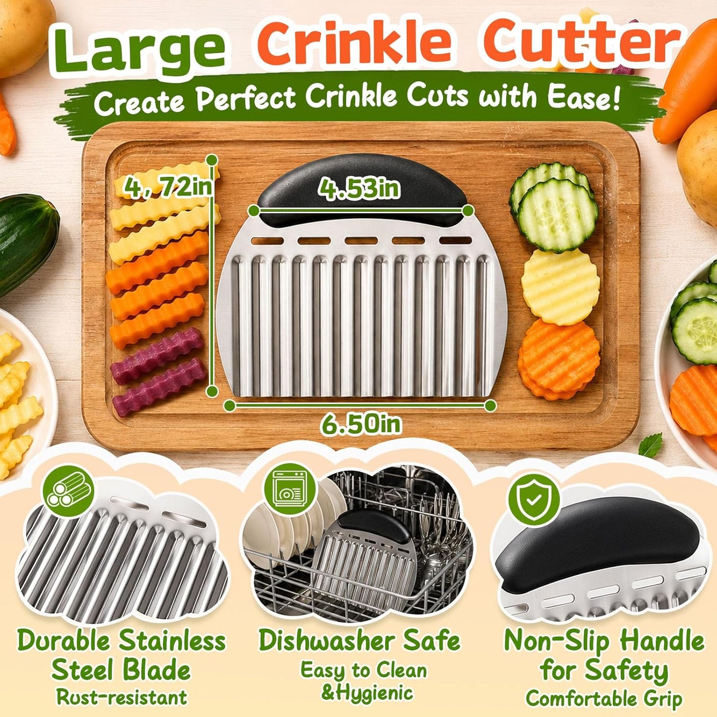 JAYVAR Large Crinkle Cutter French Fry Cutter, Stainless Steel Wavy Slicer | Large Crinkle Potato Slicer Wavy Chopper, Crinkle Cutting Chopping Tools with Handle
