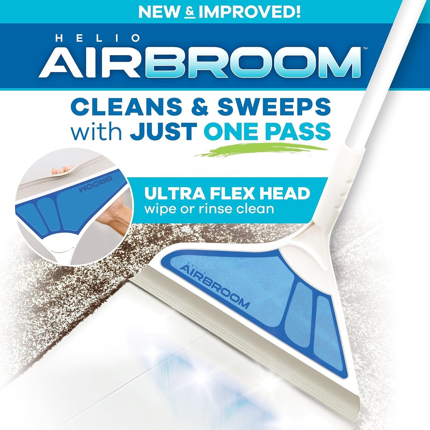 Helio Air Broom 3 Piece Kit All Surface Sweeper and Squeegee for Wet and Dry Cleaning Dust, Dirt, Liquids, Pet Hair, Tile, Hardwood Floors, Carpet, Furniture, Windows, Shower Doors As Seen on TV