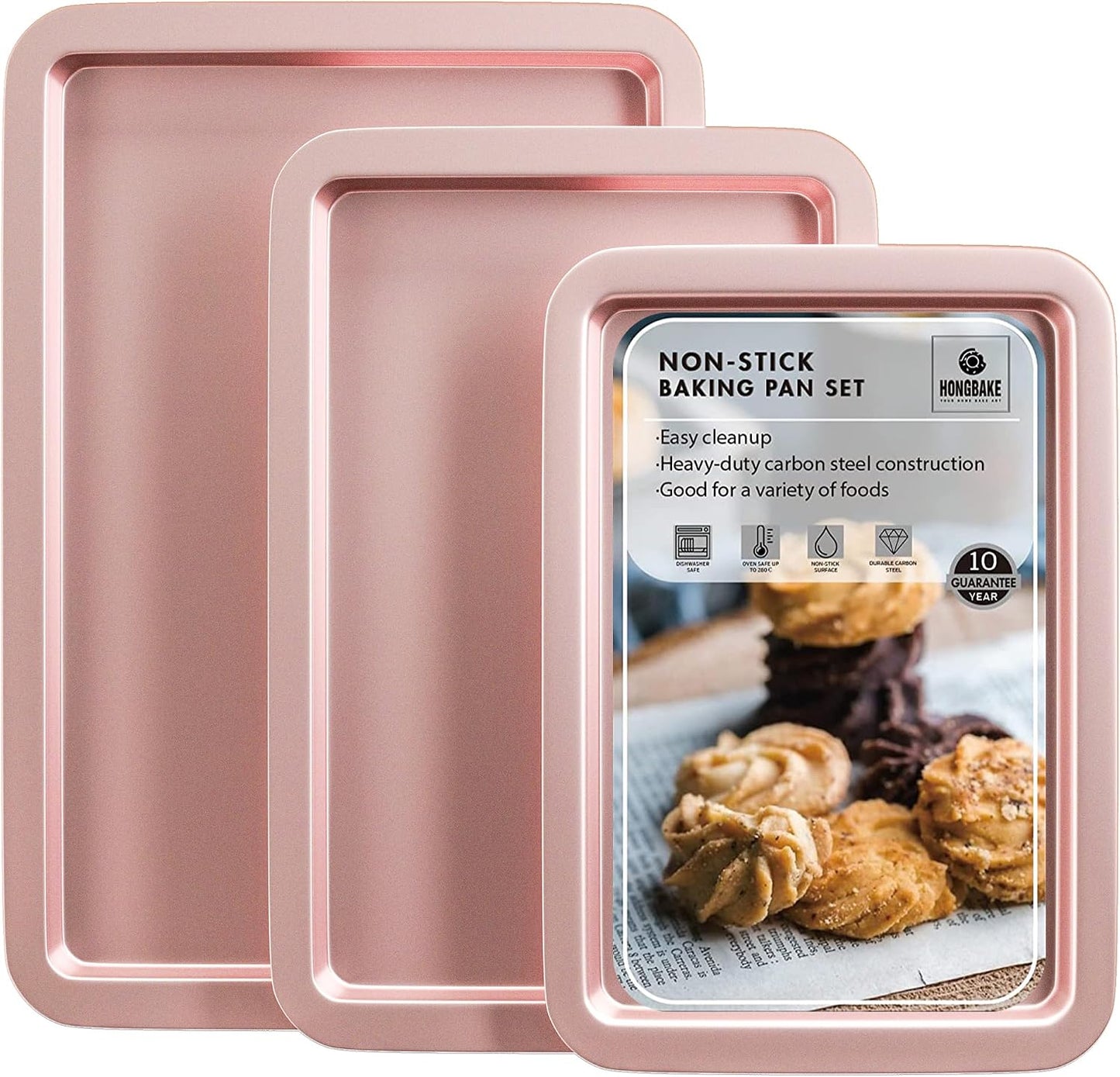 HONGBAKE Ceramic Baking Sheet Pan Set of 3, Easy to Grab, Non-Toxic | Commercial Cookie Sheets for Oven, Nonstick Half/Jelly Roll/Quarter Baking Tray,Wider Gribs, Premium,Easy to Clean- Dark Grey
