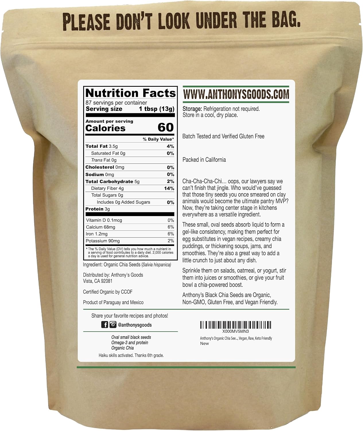 Anthony's Organic Chia Seeds, 2.5 lb, Gluten Free, Vegan, Keto Friendly