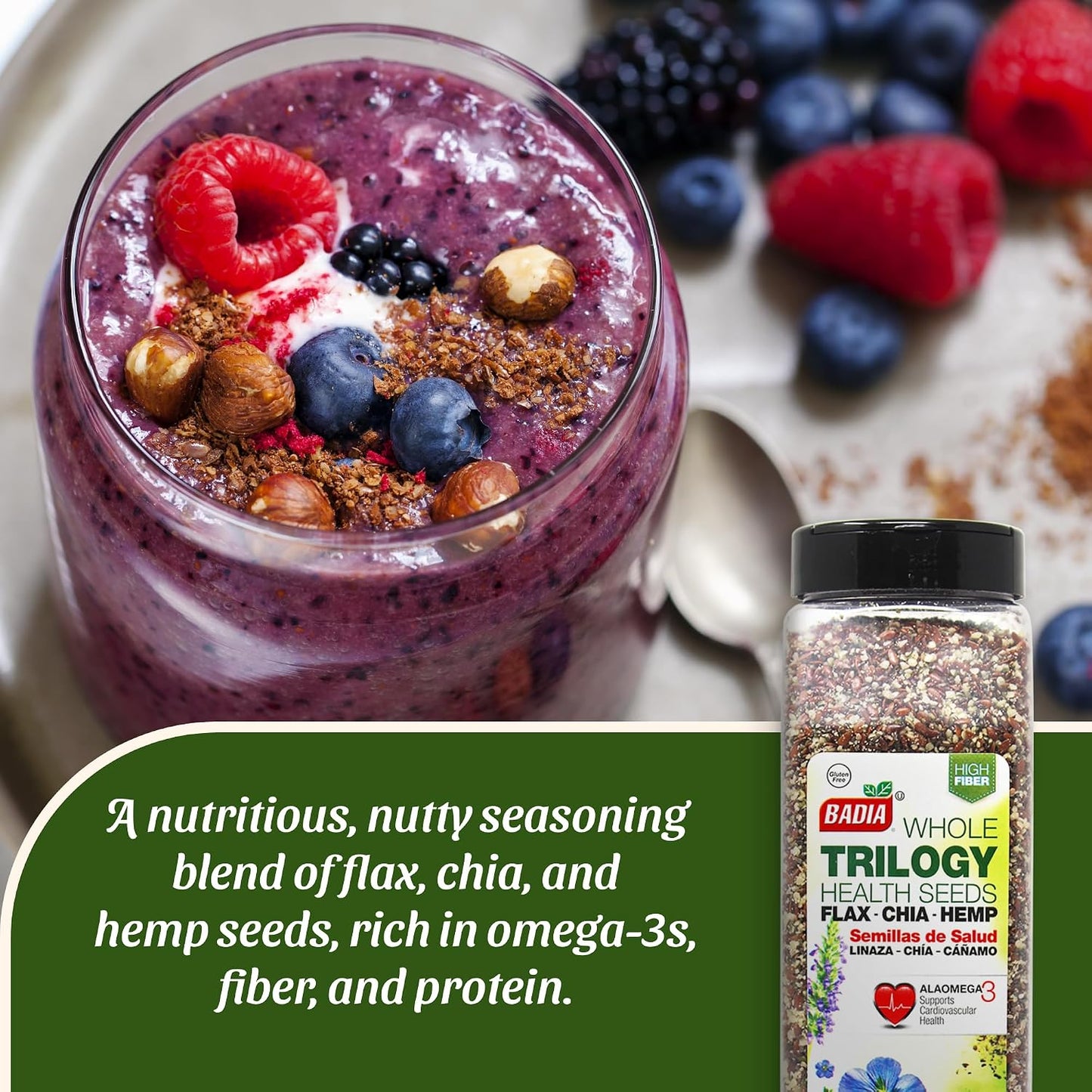 Badia Trilogy Health Seed Blend, Gluten-Free, High Fiber, Omega-3, 21 oz, Flax, Chia, Hemp Seeds