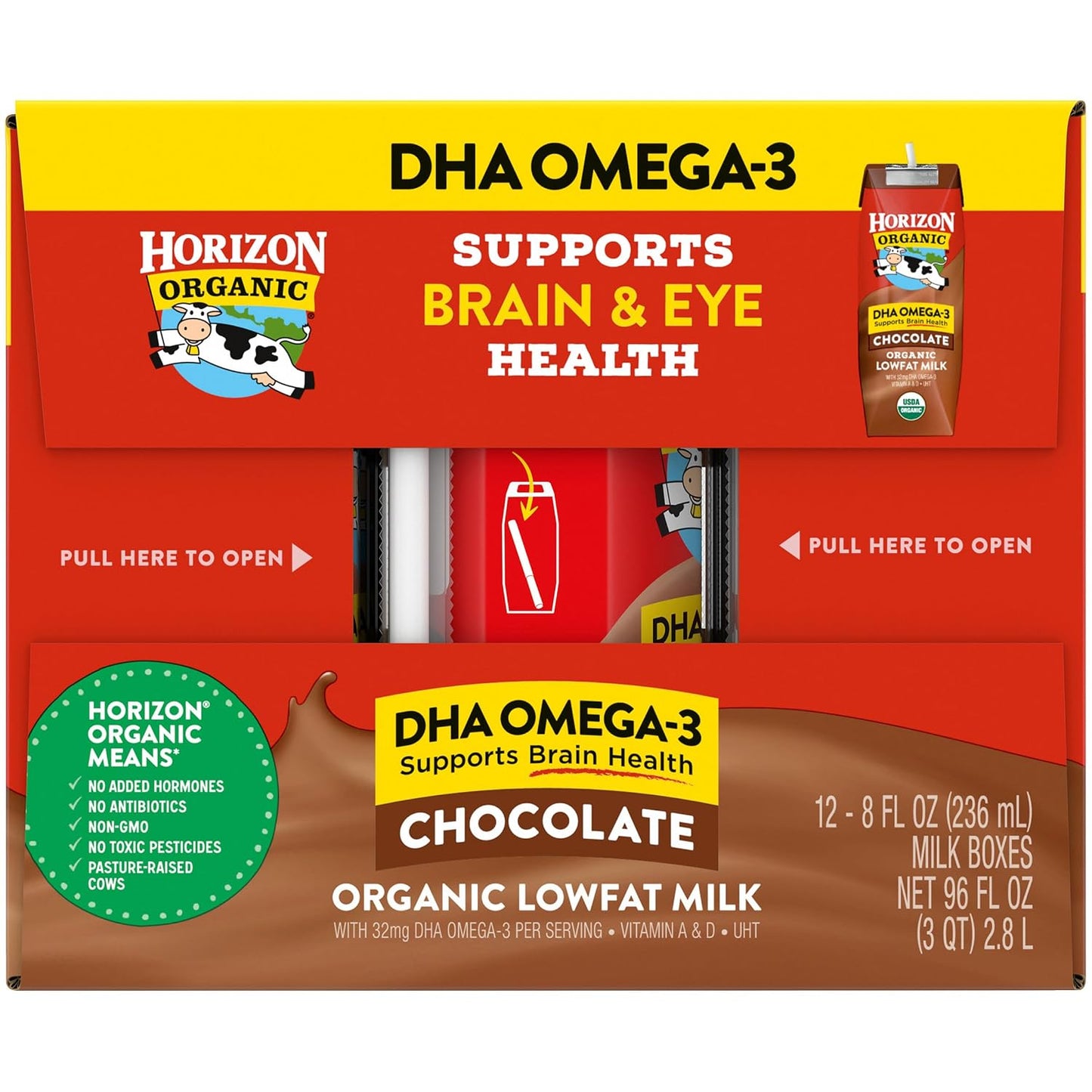 Horizon Organic Shelf Stable 1% Lowfat DHA Omega-3 Chocolate Milk Boxes, Pack of 12 - 8g Protein per Serving
