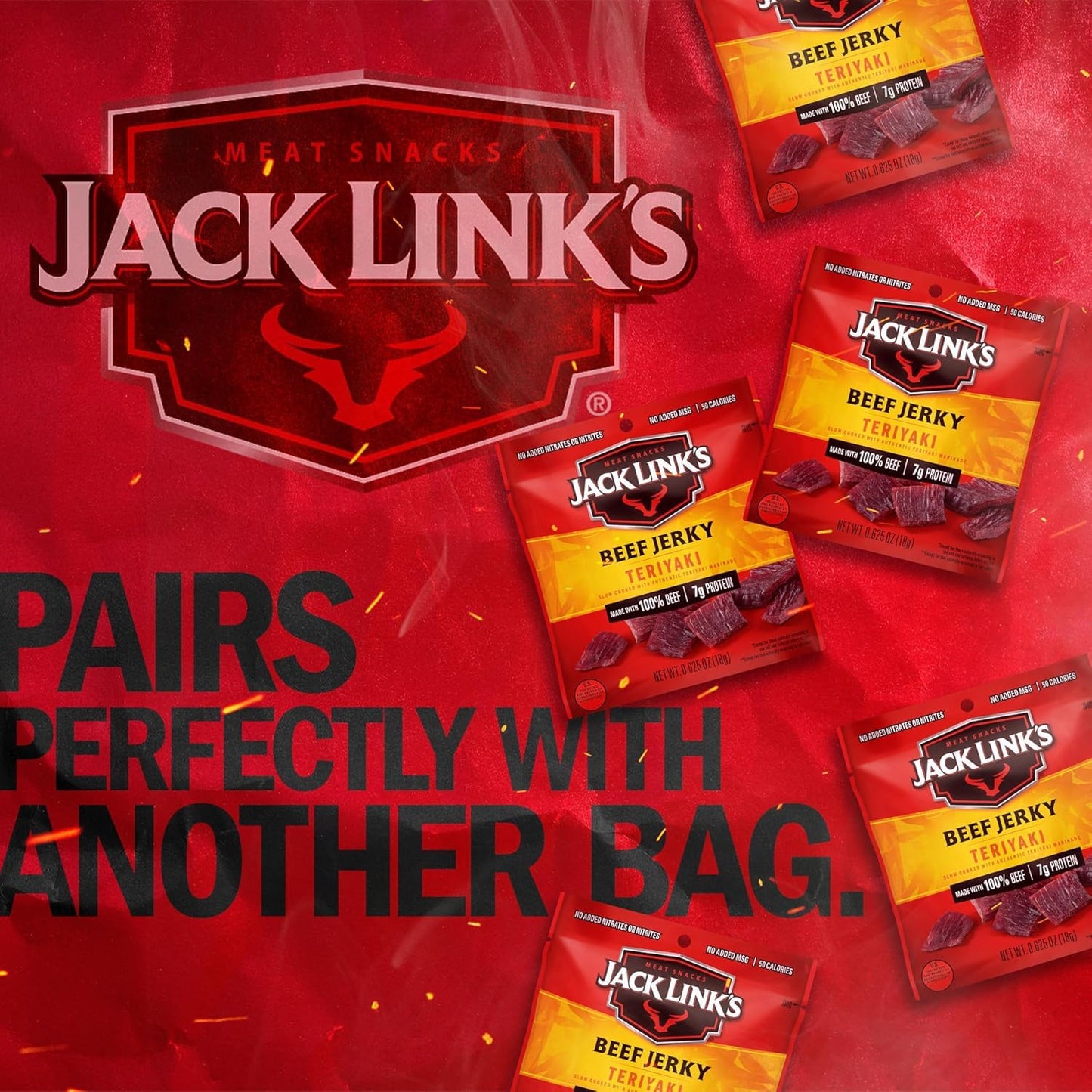 Jack Link's Teriyaki Beef Jerky Multipack, 20 packs, 0.625 oz bags, 7g protein per serving