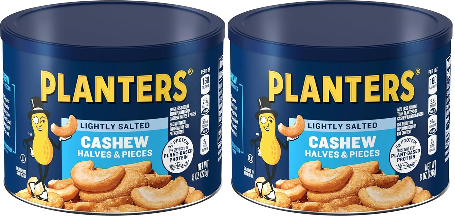 PLANTERS Lightly Salted Cashews - Cashew Halves & Pieces, Plant-Based Protein, 8 Oz Canister