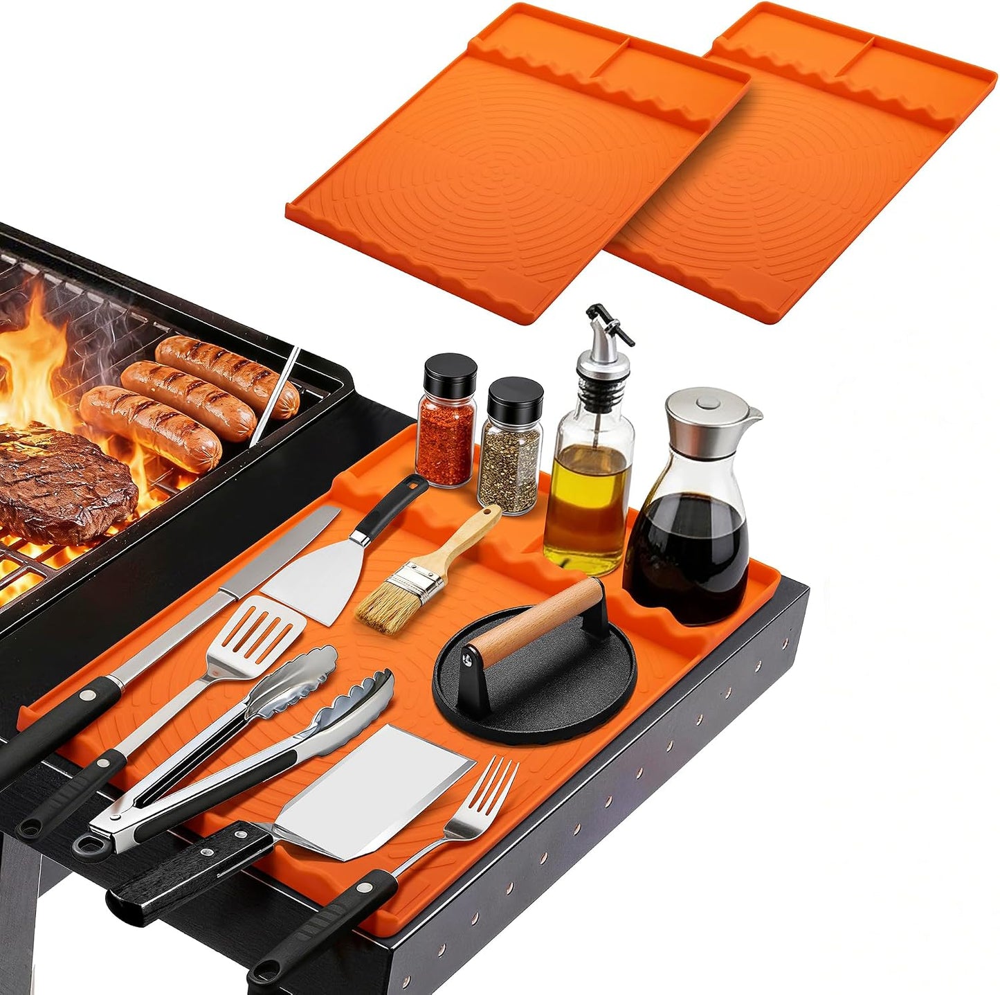 Silicone Grill Mat for Blackstone - BBQ Griddle Tools Side Mat with Drip Pad, Griddle Tools Mat for Outdoor Kitchen Countertop, BBQ Grill Accessories Gifts for Men (Orange)