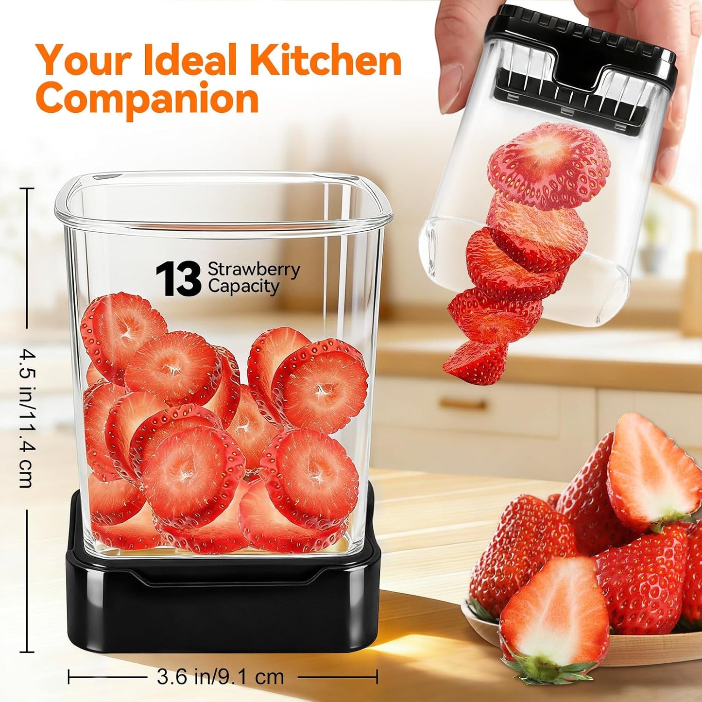 Fruit Slicer Cup for Strawberry, Banana, Hard-Boiled Egg - Detachable Cutter with Push Plate - 304 Stainless Steel Blade - Rapid & Safe Slicing Kitchen Gadget for Quick Meal Prep (Black)
