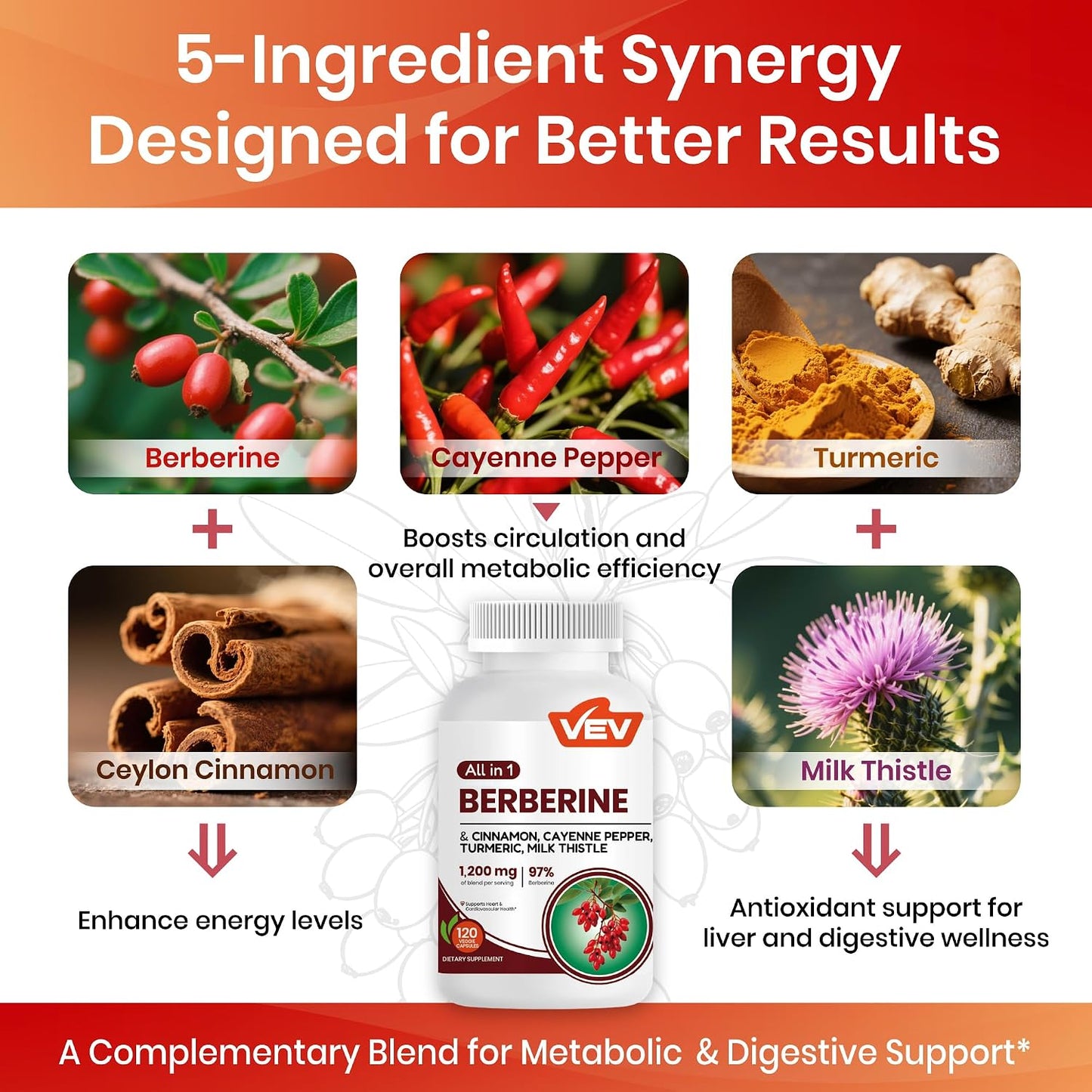 VEV Berberine Supplement with Ceylon Cinnamon, Cayenne Pepper, Turmeric, Milk Thistle, Vegan & Non-GMO – 120 Capsules