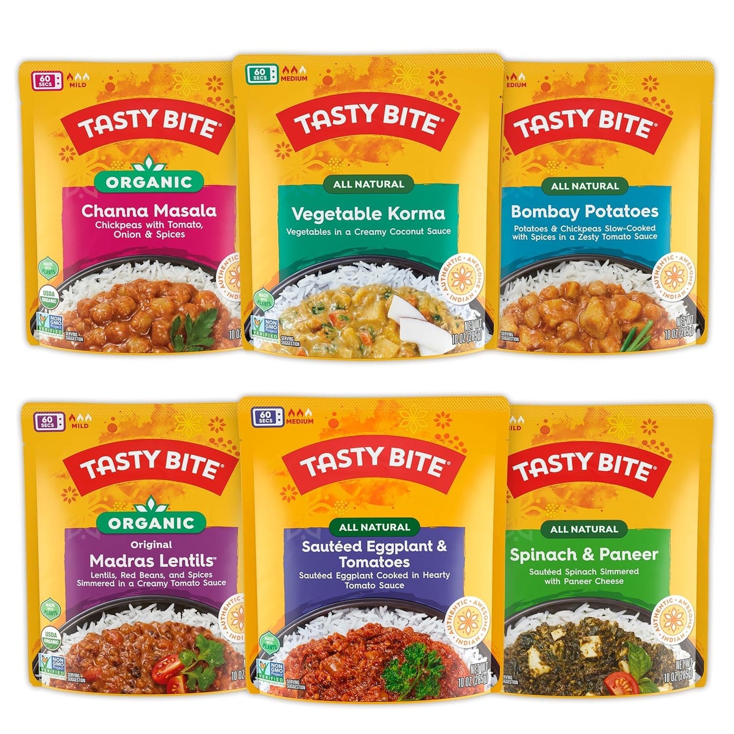 Tasty Bite Variety Pack: 6 Authentic Indian Entrees, Vegan & Ready in 60 Seconds