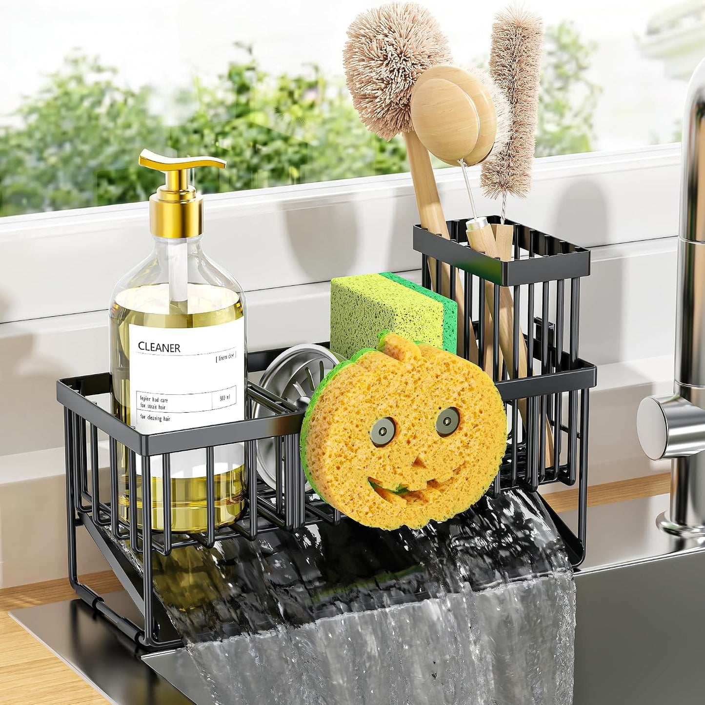 Cisily Sink Caddy Sponge Holder for Kitchen with Brush Holder and Stainless Steel Self Drain Tray, Rustproof Kitchen Sink Organizer for Sponge, Soap Dispenser Storage Accessories