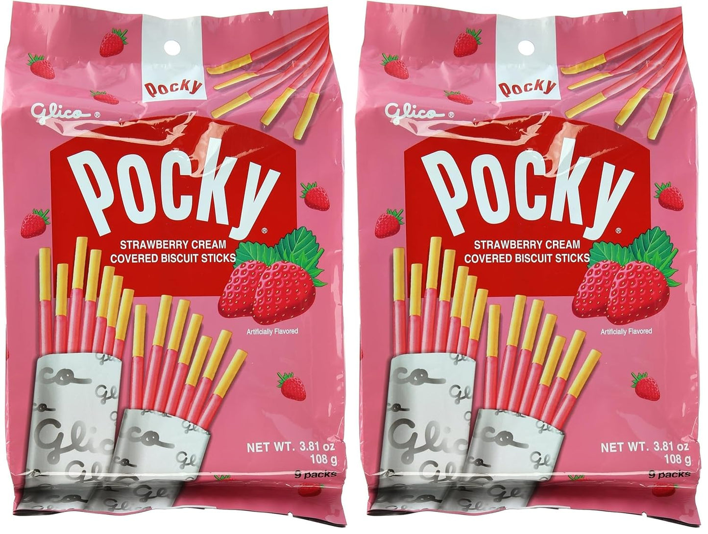 Glico Pocky Strawberry Cream Covered Biscuit Sticks 9 Individual Bags 3.81 oz