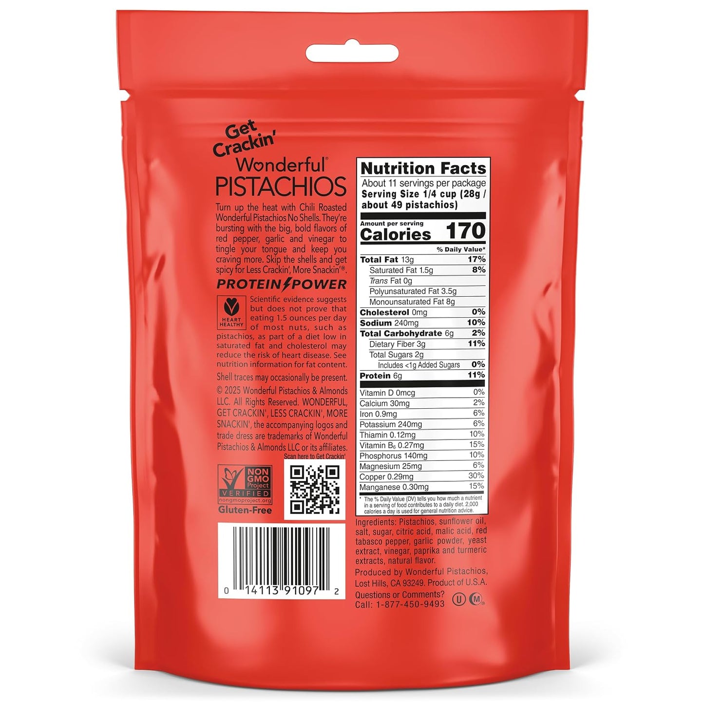 Wonderful Chili Roasted Pistachios, 11 Ounce Resealable Bag, Protein Snacks, Gluten Free, College Snacks
