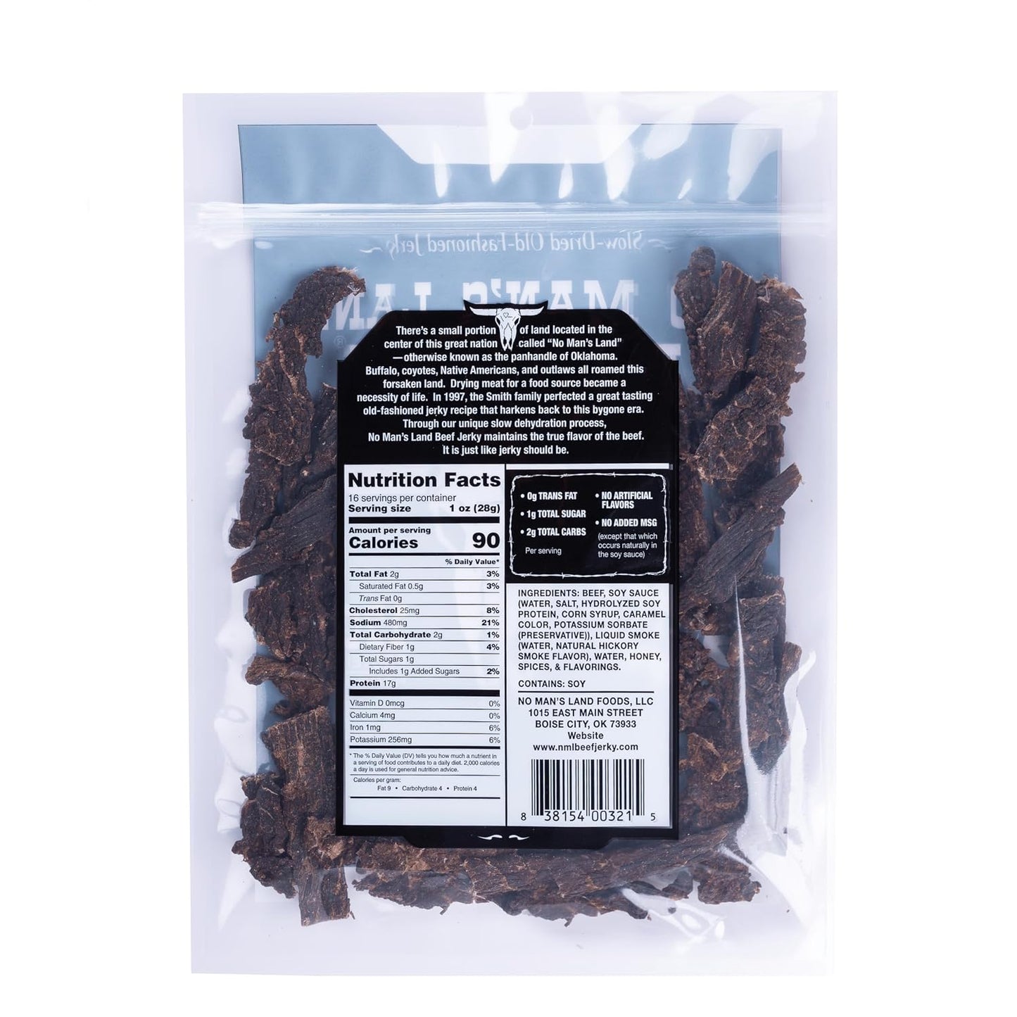 No Mans Land Slow-Dried Beef Jerky, Smoked & Seasoned Jerky Strips, High Protein, Low Carb Beef Snack, Gluten Free