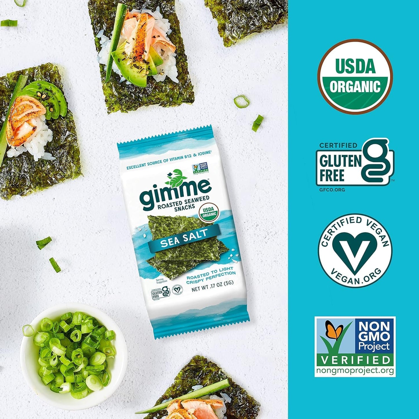 Gimme Seaweed Organic Roasted Seaweed Snacks, 20 Count, Sea Salt Flavor, Keto, Vegan, Gluten-Free