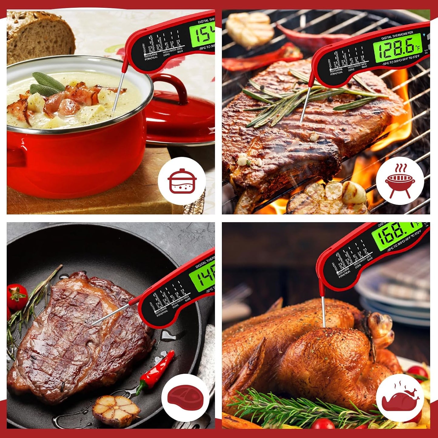 AWLKIM Meat Thermometer Digital, Instant Read Food Thermometer, Red | Waterproof cooking thermometer with doneness chart, backlight, F/C switch for BBQ, candy, oil