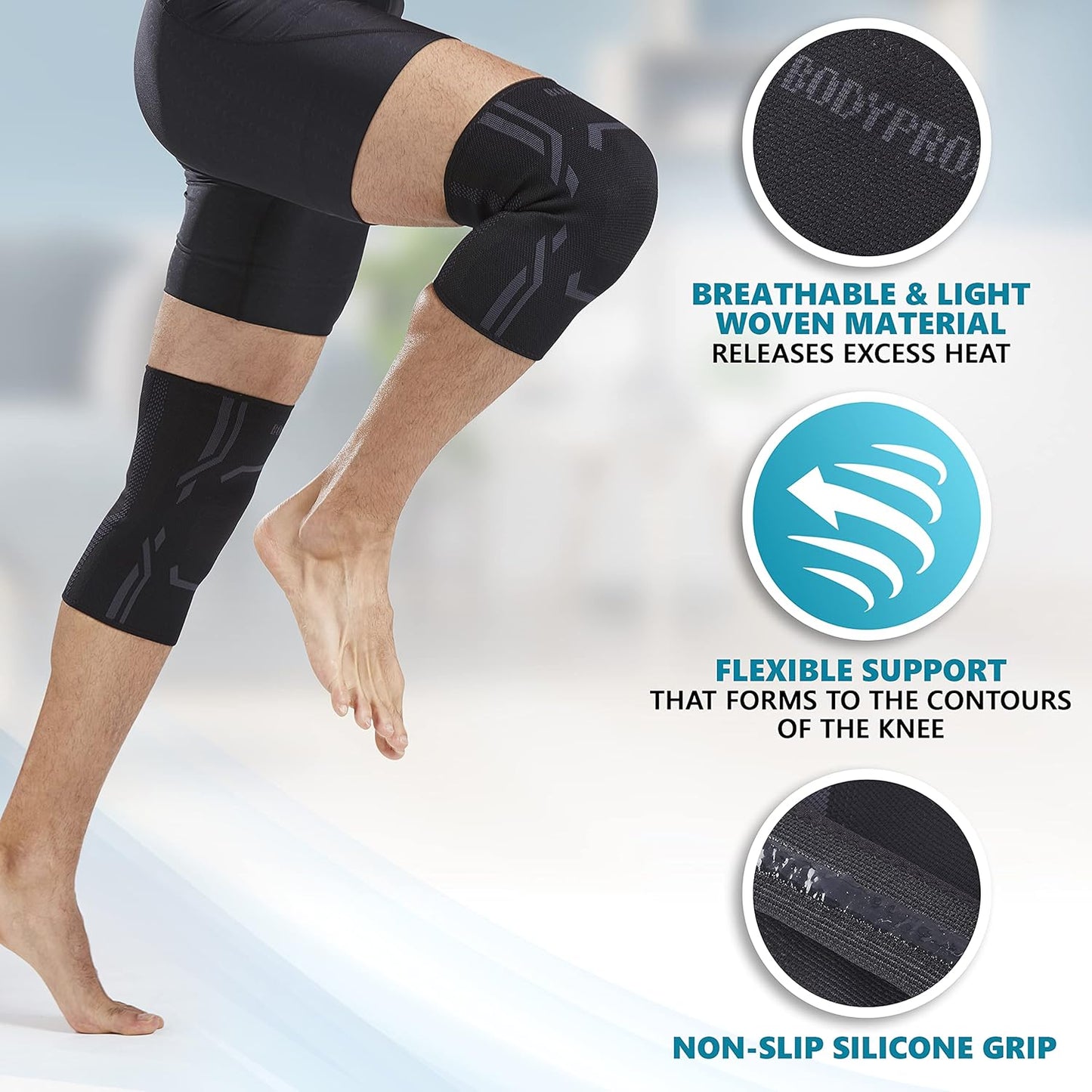 Bodyprox Knee Compression Sleeve for Men and Women, Medium, 2 Pack