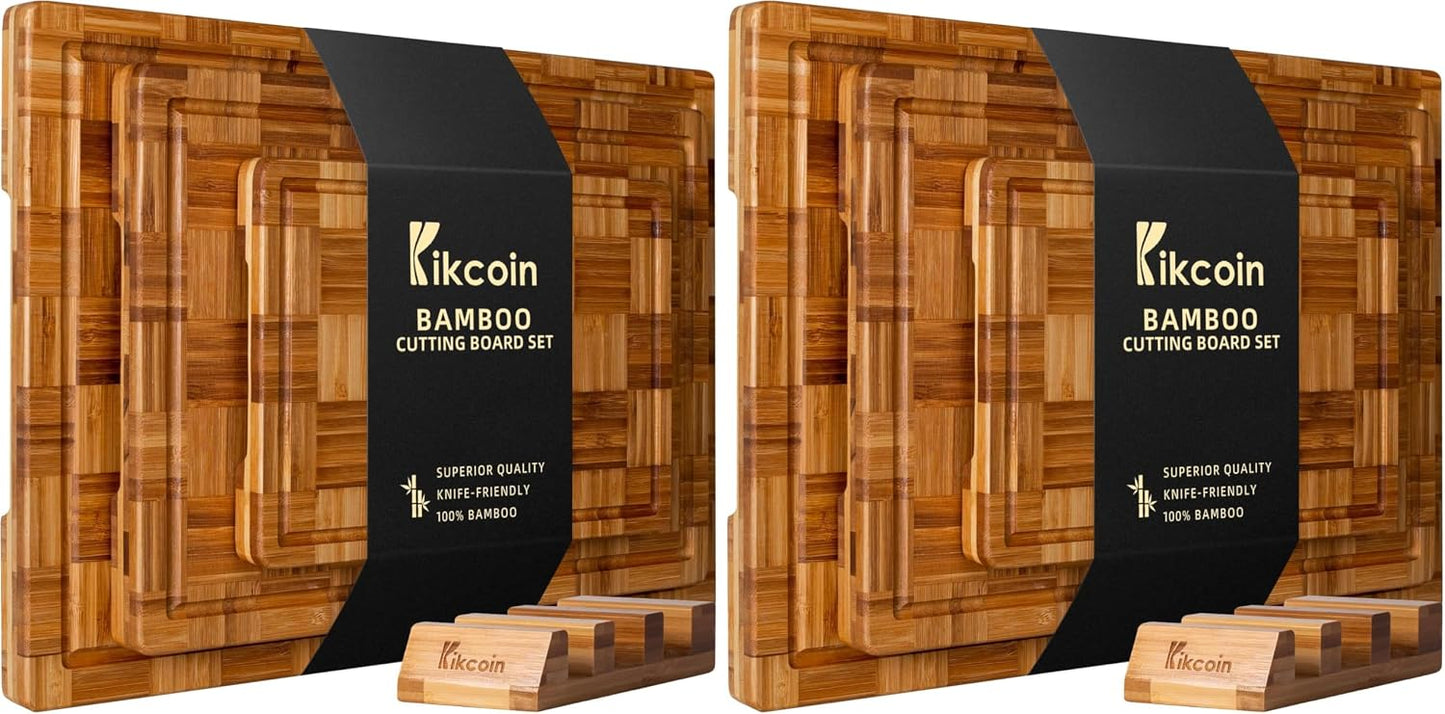 Kikcoin Extra Large Bamboo Cutting Boards, (Set of 3) Chopping Boards with Juice Groove Bamboo Wood Cutting Board Set Butcher Block for Kitchen, End Grain Serving Tray