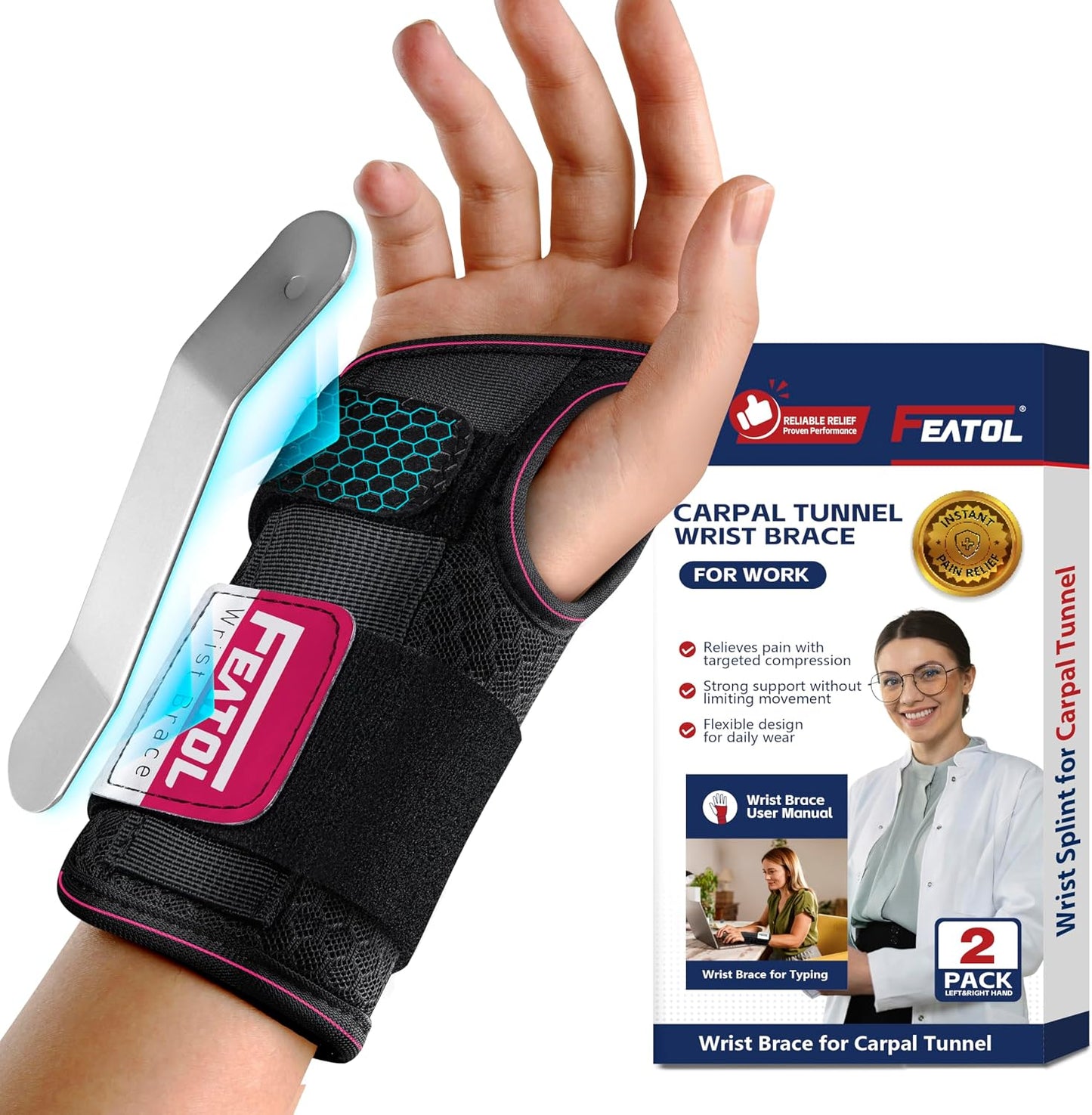 FEATOL Carpal Tunnel Wrist Brace for Work and Night Support