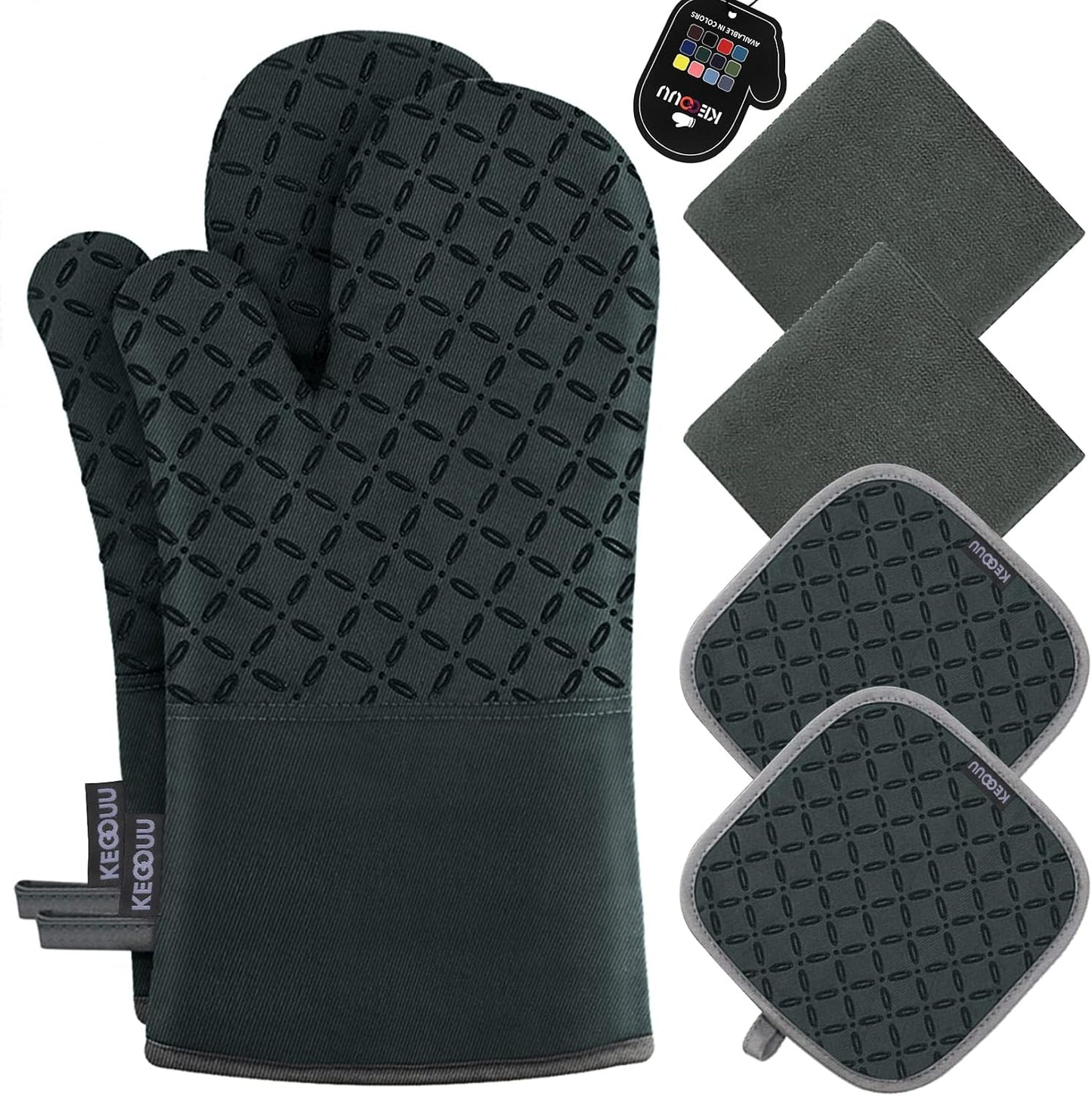 KEGOUU Oven Mitts and Pot Holders 6pcs Set, Kitchen Oven Glove High Heat Resistant 500 Degree Extra Long Oven Mitts and Potholder with Non-Slip Silicone Surface for Cooking (Grey)