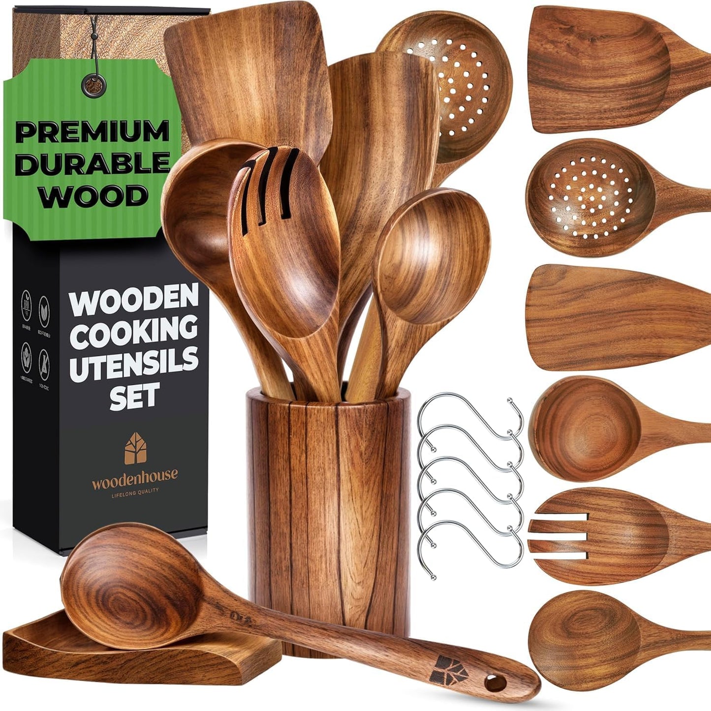 Wooden Utensil Set, 8 Pcs Teak Wooden Spoons for Cooking with Holder | Includes Spatula, Turner, Ladle, Skimmer, Spoon Rest & 6 Hooks – Sturdy, Non-Scratch, Easy to Clean