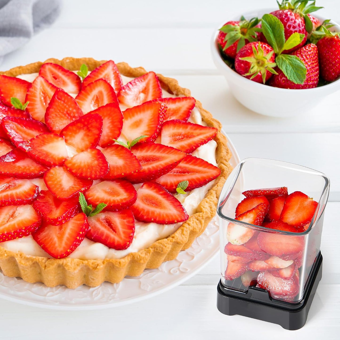 Fruit Slicer Cup for Strawberry, Banana, Hard-Boiled Egg - Detachable Cutter with Push Plate - 304 Stainless Steel Blade - Rapid & Safe Slicing Kitchen Gadget for Quick Meal Prep (Black)