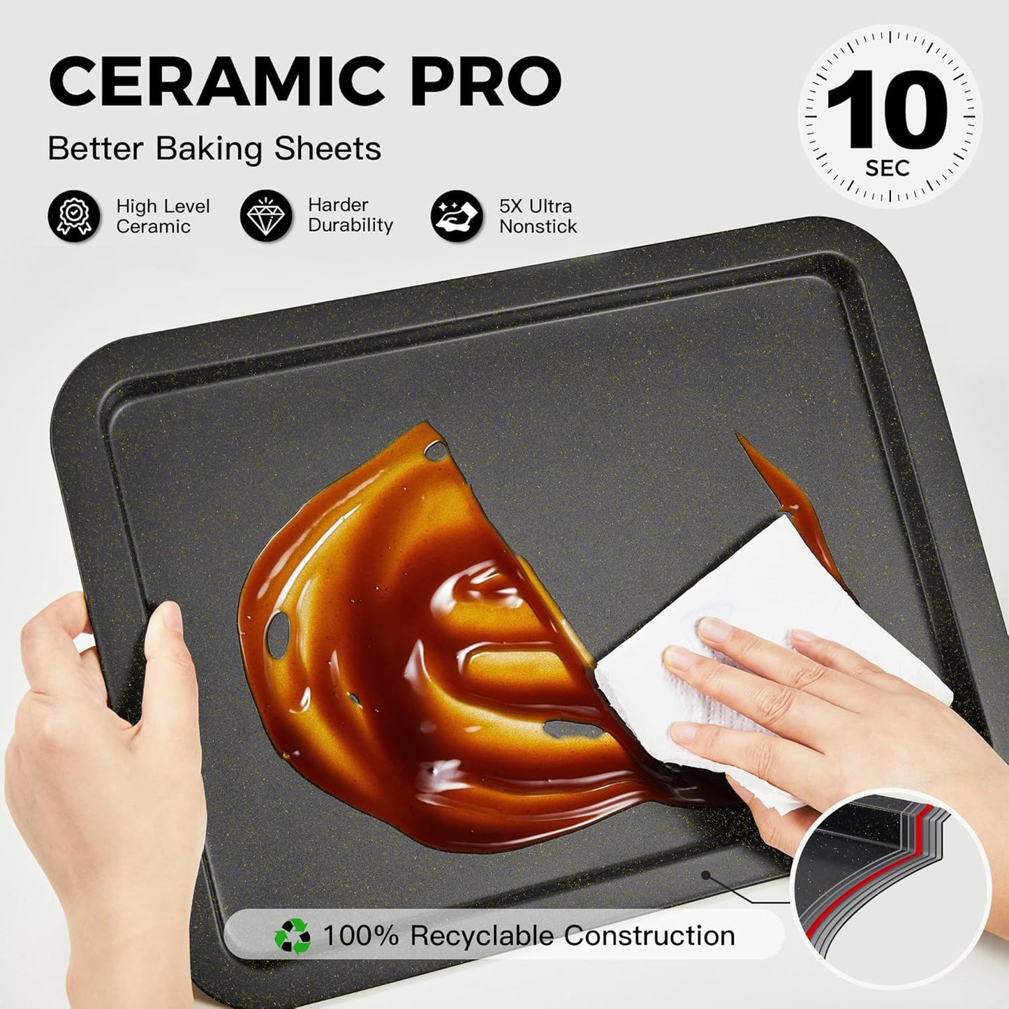 HONGBAKE Ceramic Baking Sheet Pan Set of 3, Easy to Grab, Non-Toxic | Commercial Cookie Sheets for Oven, Nonstick Half/Jelly Roll/Quarter Baking Tray,Wider Gribs, Premium,Easy to Clean- Dark Grey