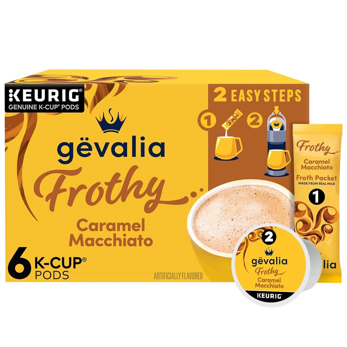 Gevalia Frothy Artificially Flavored Caramel Macchiato Espresso Style K-Cup Coffee Pods & Froth Packets Kit
