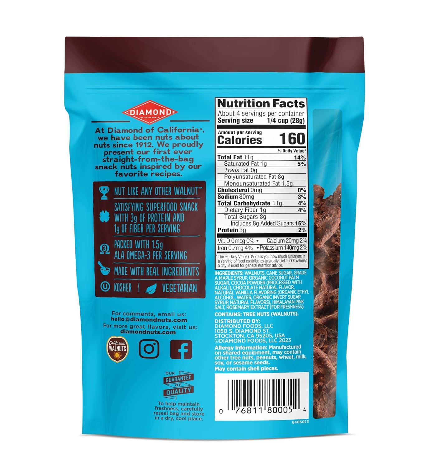 Diamond of California Salted Dark Chocolate Walnut Snack Nuts, 4 oz. (4 Pack)