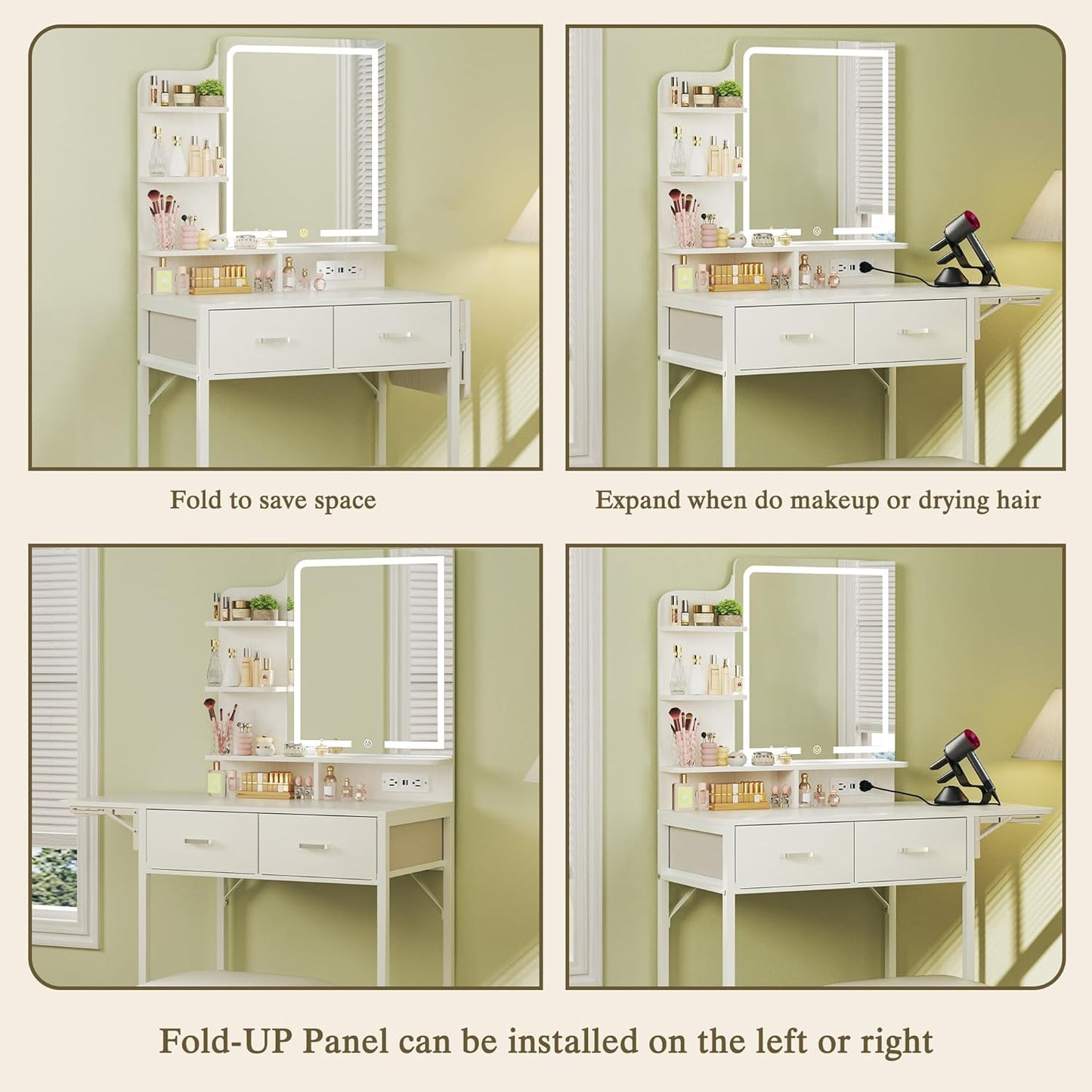 Small Vanity Desk with Mirror and Lights, Makeup Vanity with Fabric Storage Drawer, Chair and Three Shelves, White Vanity with Power Outlet and Fold-up Panel, Bedroom