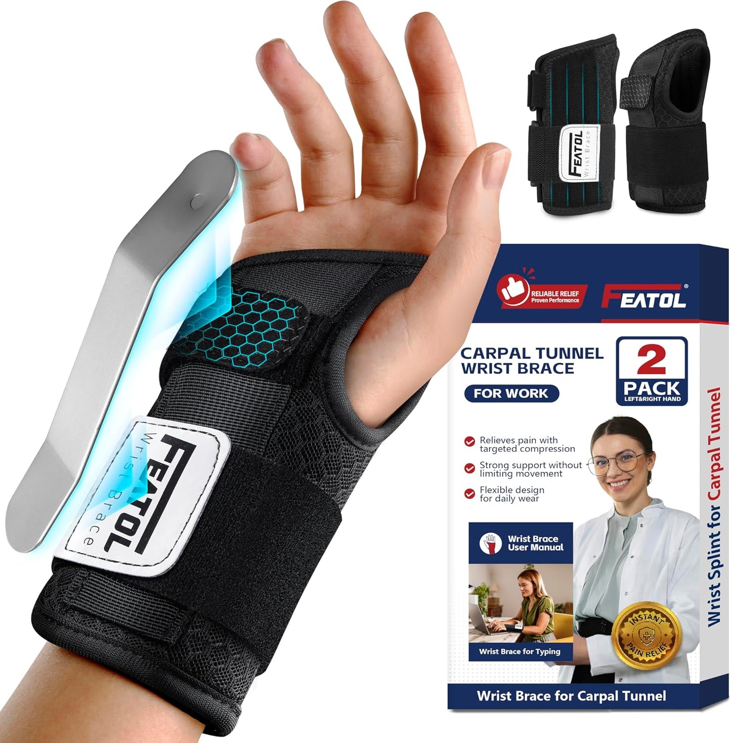 FEATOL Carpal Tunnel Wrist Brace for Work and Night Support
