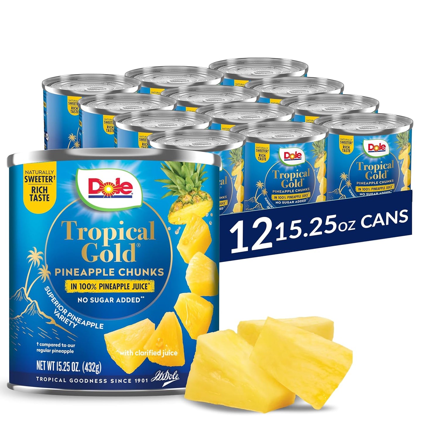 Dole Tropical Gold Pineapple Chunks in 100% Pineapple Juice, 15.25 Oz, 12 Count, Gluten Free, No Sugar Added