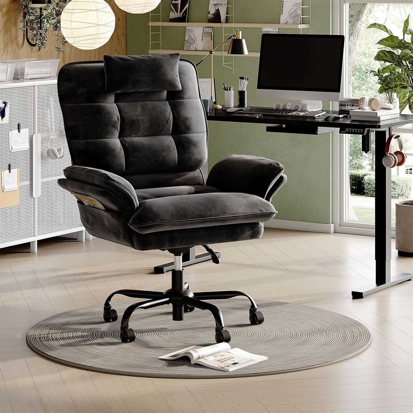 Bestier Cross Legged Office Chair, Criss Cross Chair with Adjustable Arms, 135° Reclining Velet Executive Chair with Wheels, Big and Tall Computer Desk Chair for Home, Office - Black