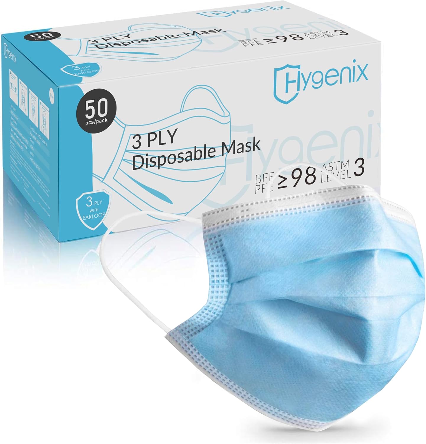 Hygenix FDA Cleared ASTM Level 3 Procedure Face Masks, Made in USA, 3-Ply Ear Loop, 50 Pack