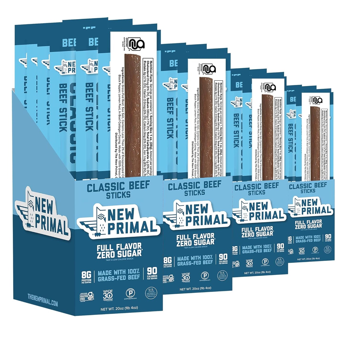 Grass Fed Beef Sticks, 20 Pack, 8g Protein, 90 Calories, Keto, Gluten Free, Sugar Free