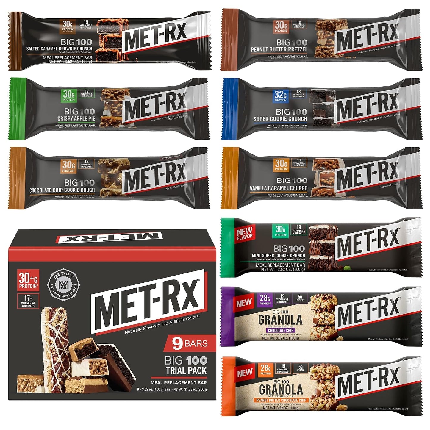 MET-Rx Big 100 Granola Protein Bar, 28 G Protein, Chocolate Chip, Pack of 9