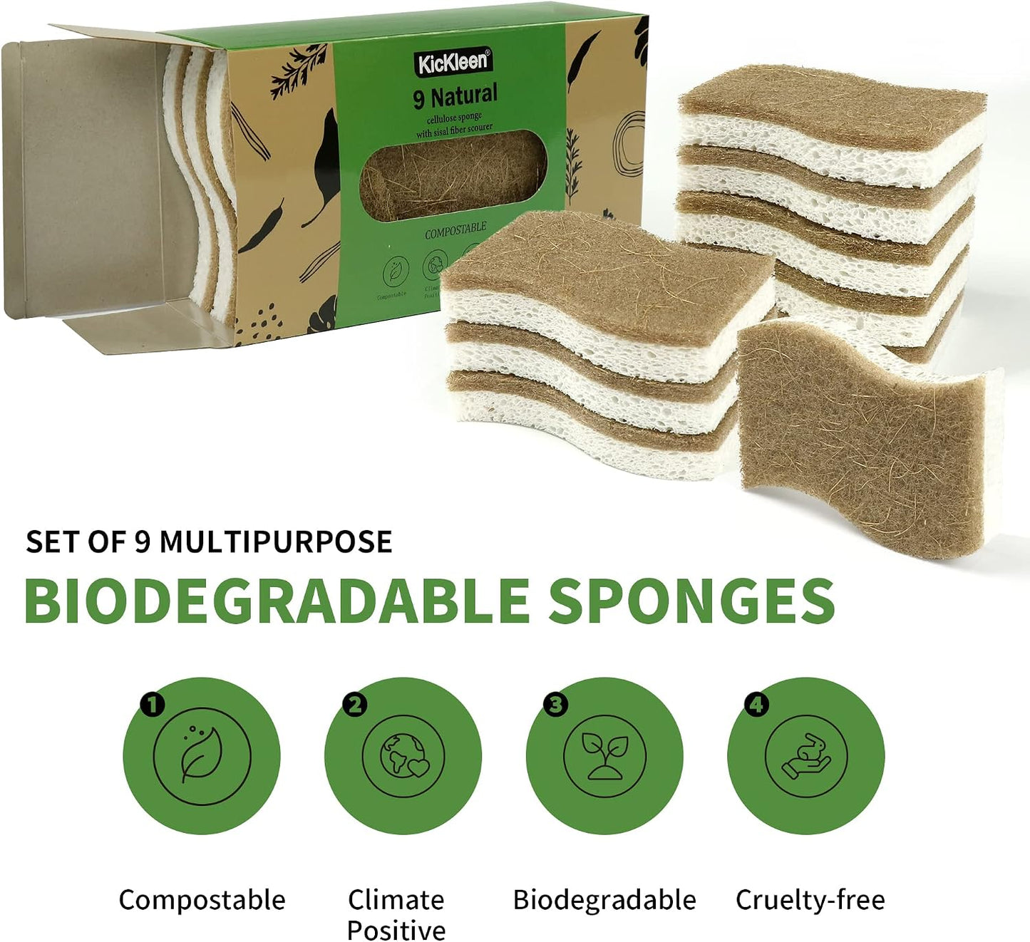 9 Pack Biodegradable Natural Kitchen Sponge Dish Sponges | Compostable Cellulose and Coconut Walnut Scrubber Sponge - Eco Friendly Sustainable Sponges for Dishes