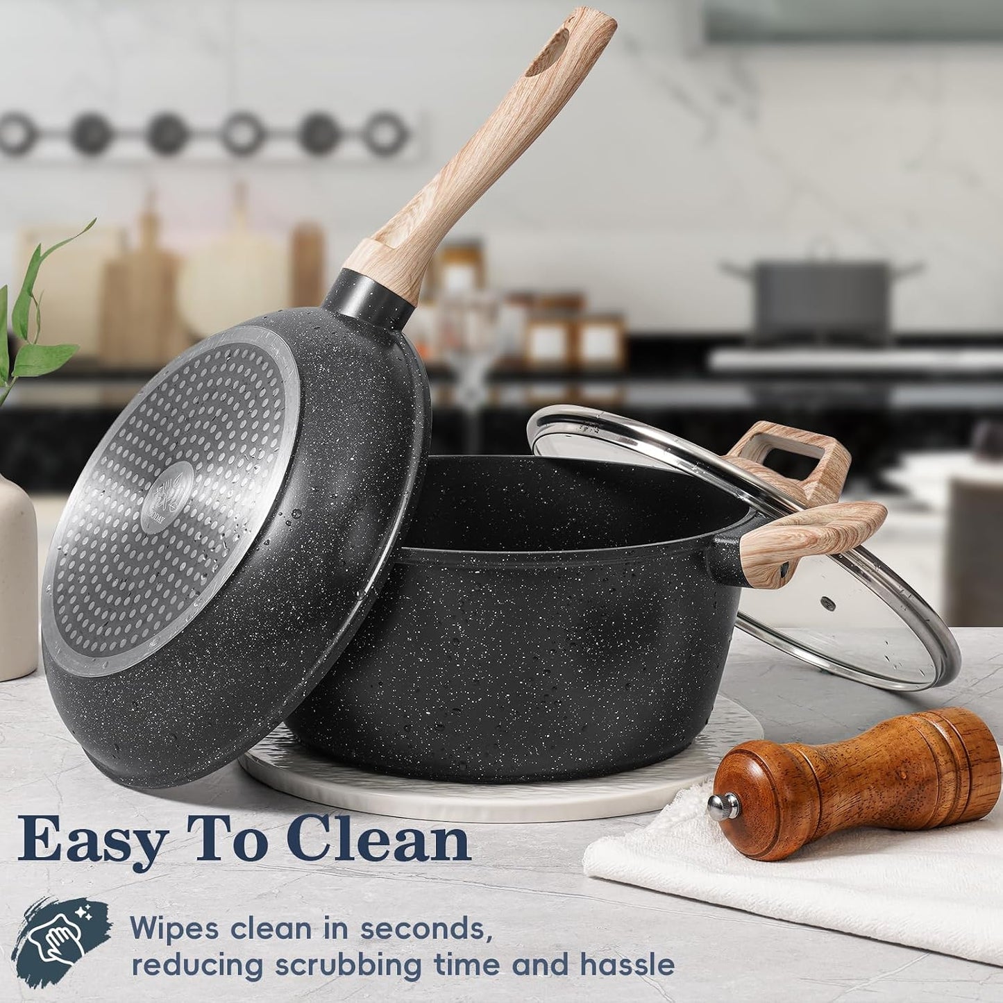 SODAY Pots and Pans Set Non Stick, 12Pcs Black Granite Induction Cookware | PFAS/PFOA/PFOS Free, Healthy Nonstick Kitchen Cookware Sets, Includes Fry Pans & Saucepans.