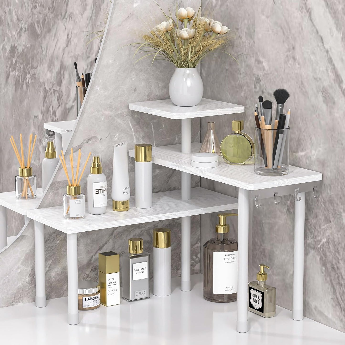 JayRex Kitchen Countertop Organizer 3-Tier Corner Shelf, Rustic Brown | Space-saving corner design organizes spices, skincare and toiletries on kitchen and bathroom counters.