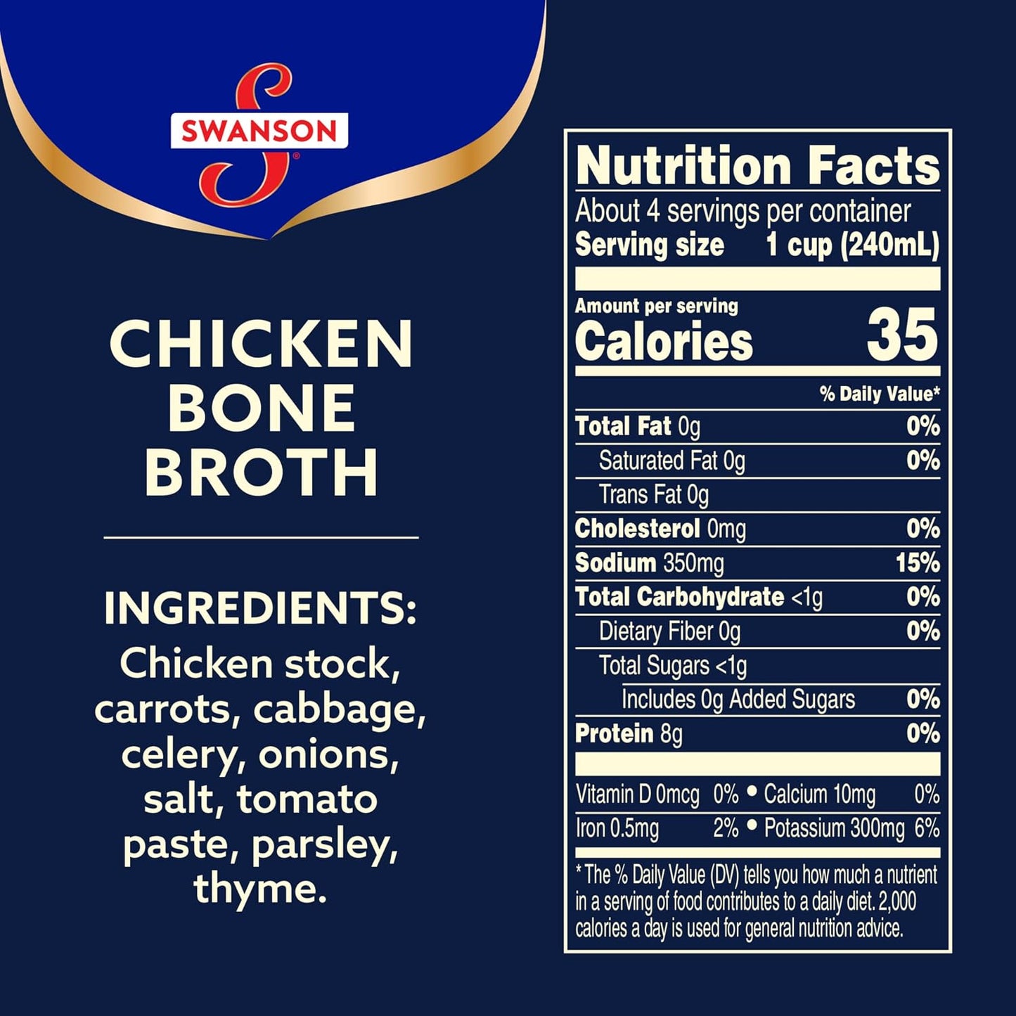Swanson S Chicken Bone Broth, 32 oz Carton, 100% Natural, Non-GMO, 8g Protein Per Cup