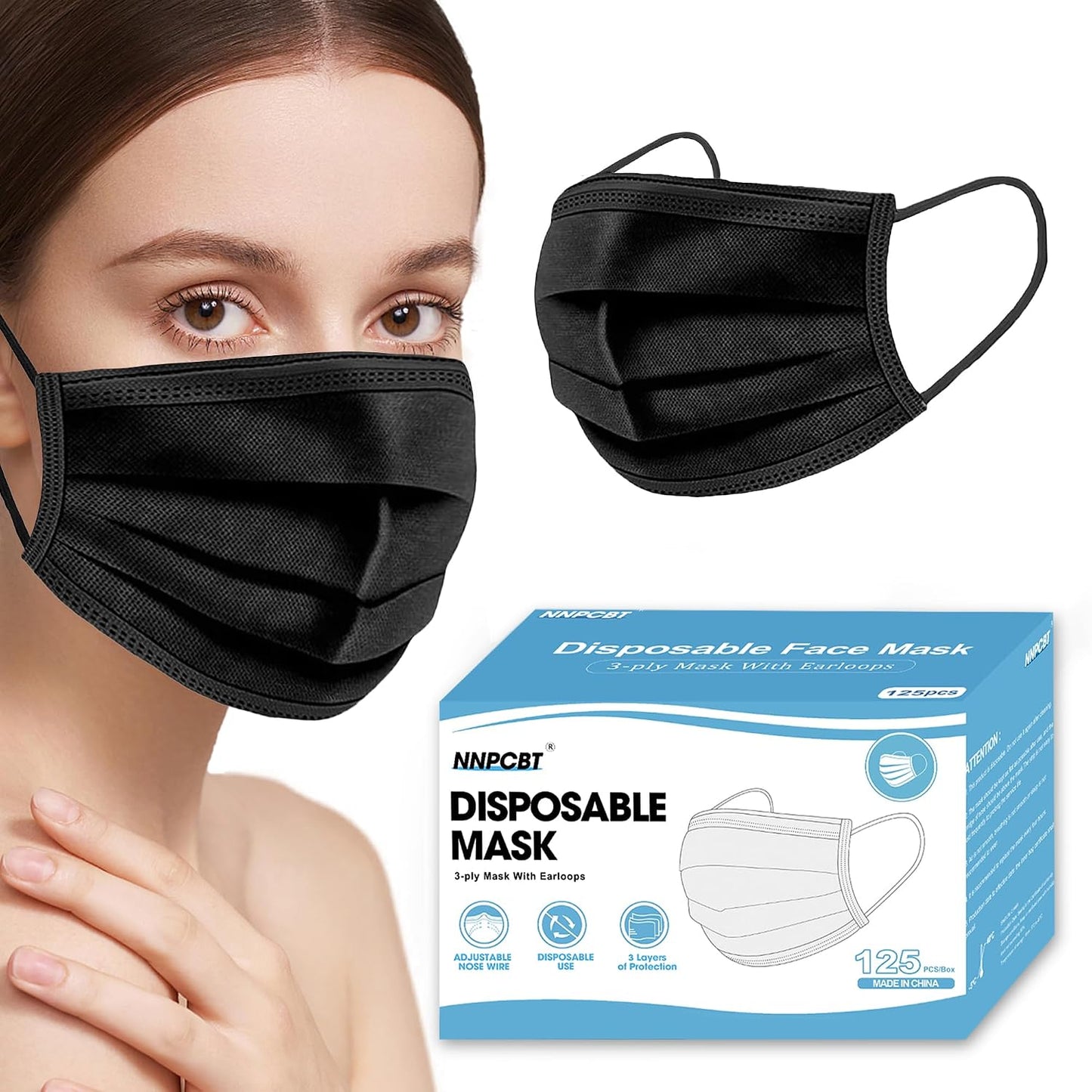 NNPCBT 100PCS 3 Ply Black Disposable Face Mask Filter Protection
