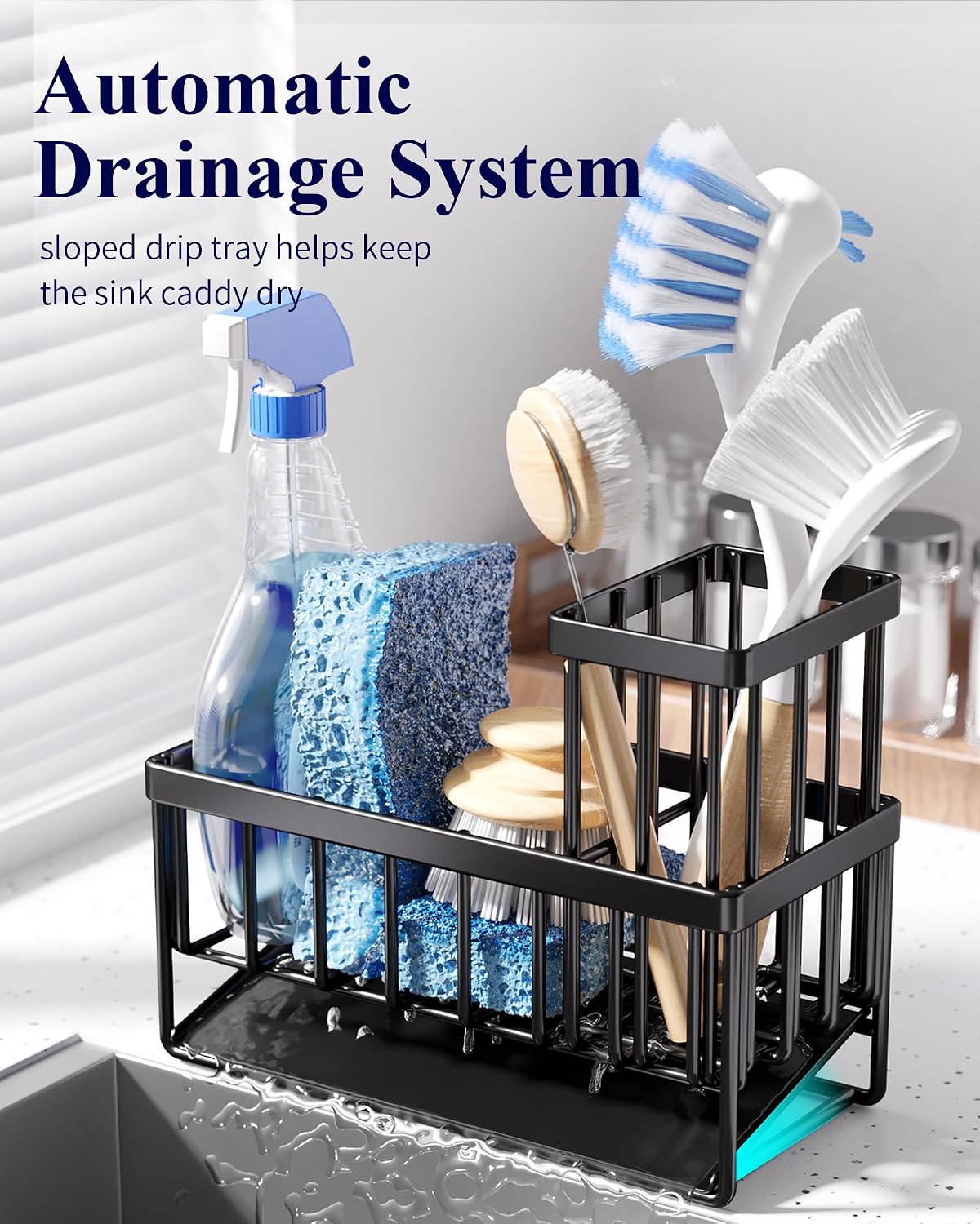 Kitsure Sponge Holder for Kitchen Sink, 7.9"x3.7"x6.2", Black | Kitchen Sink Caddy, Home Decor Accessories, Stainless Steel, High Brush Holder