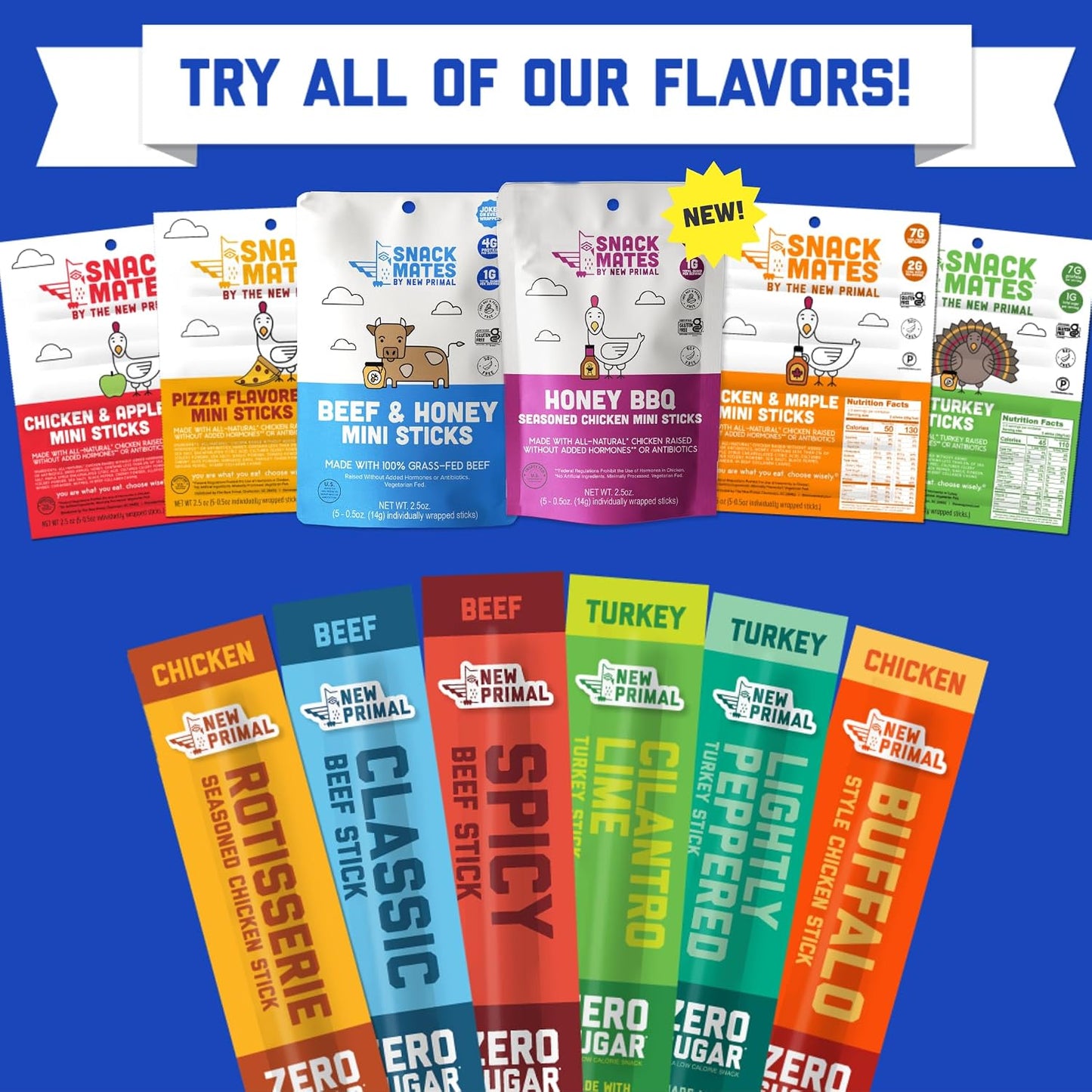 New Primal Meat Sticks Sampler, Grass-Fed Beef, All Natural Chicken, 10 Count